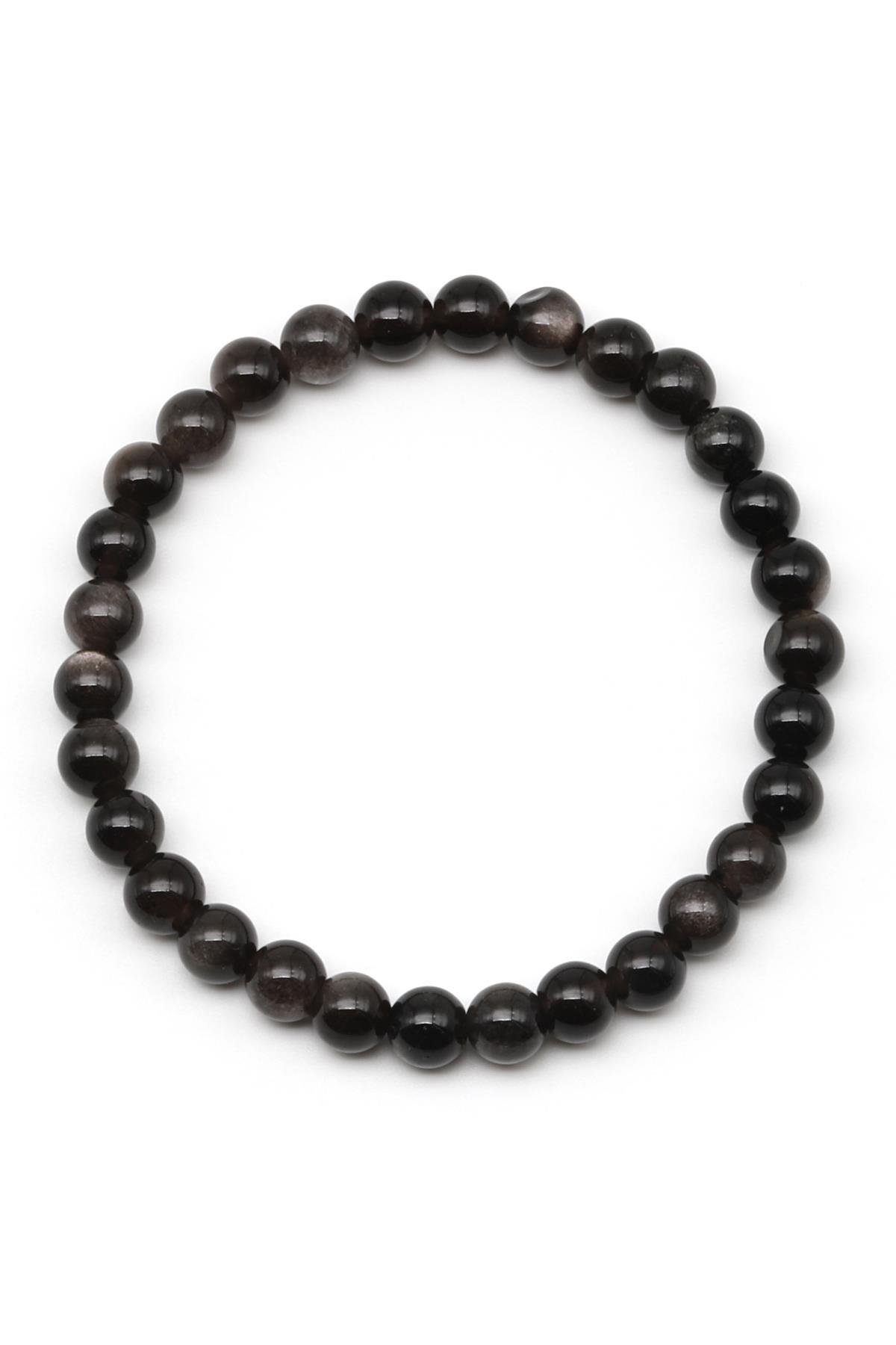 Silver Obsidyen Doğal Taş Bileklik 6 mm Küre Kesim