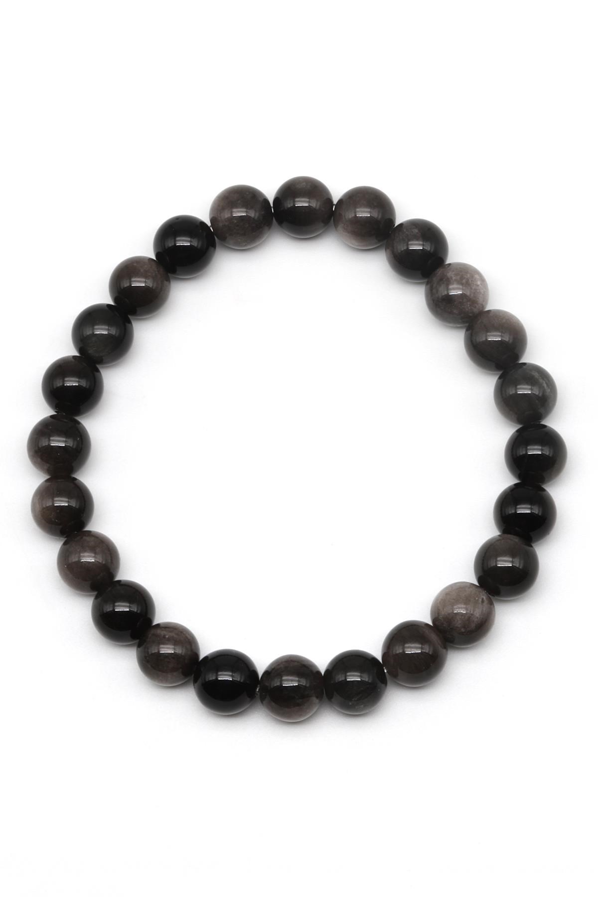 Silver Obsidyen Doğal Taş Bileklik 8 mm Küre Kesim