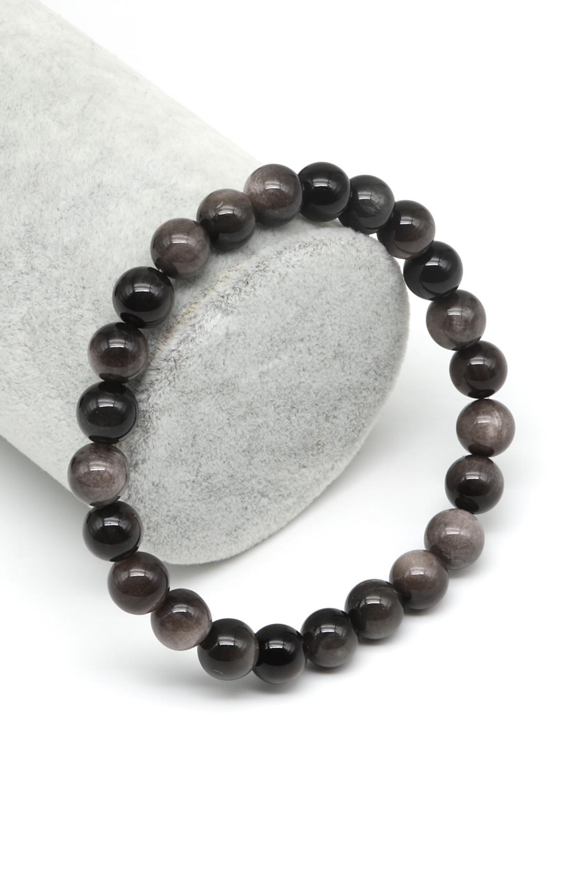 Silver Obsidyen Doğal Taş Bileklik 8 mm Küre Kesim