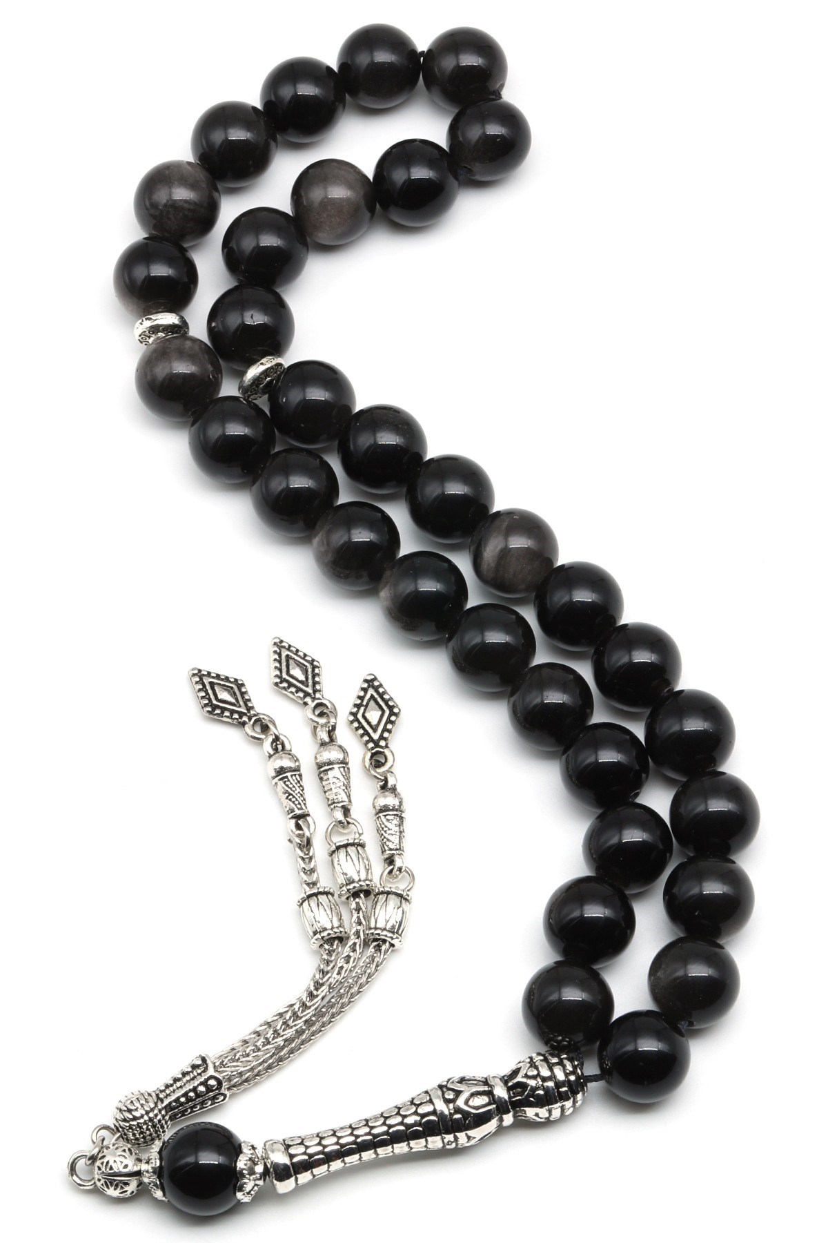 Silver Obsidyen Doğal Taş Tesbih 10 mm Küre Kesim TSB-0605