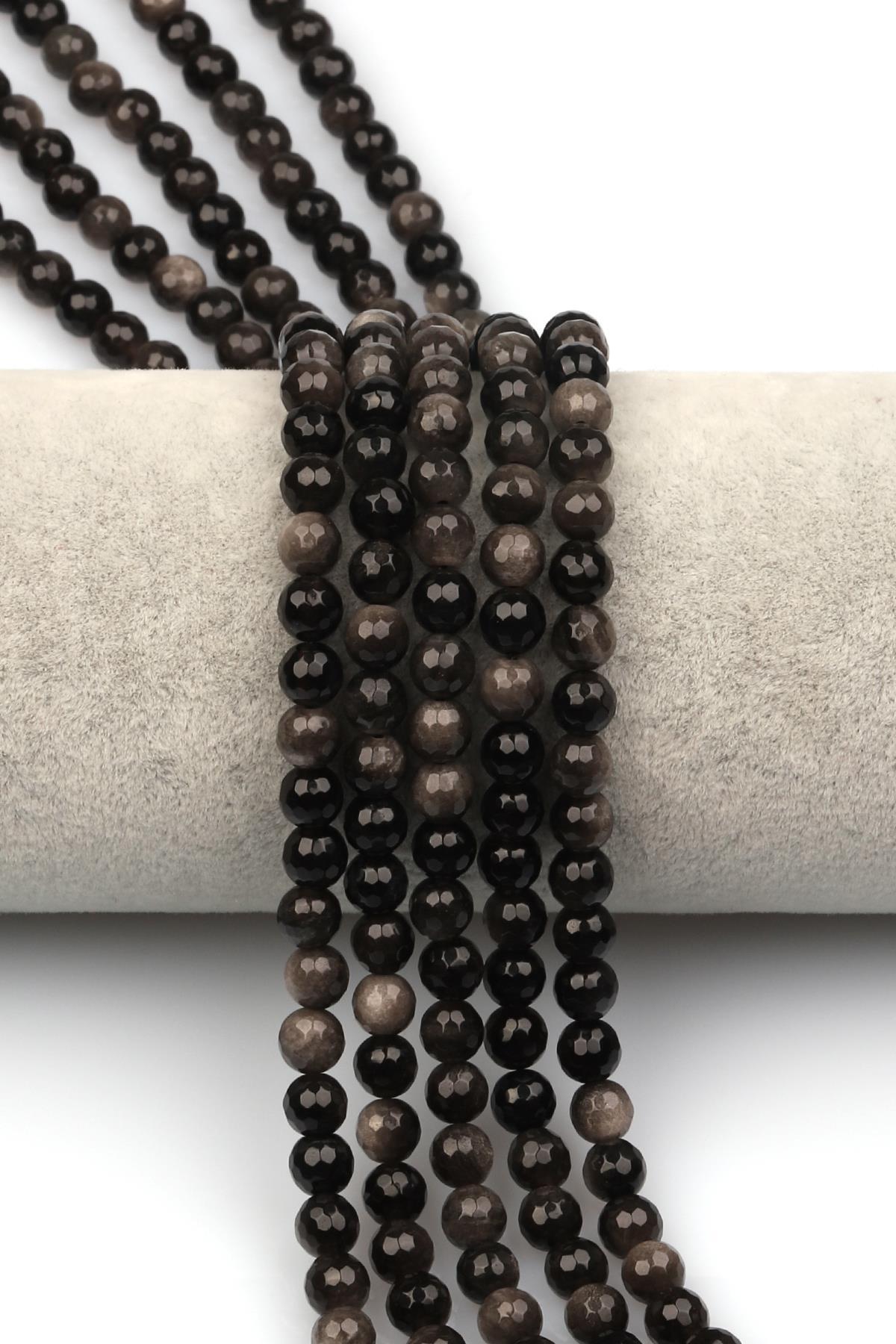 Silver Obsidyen Doğaltaş Dizi 6 mm Fasetli Küre Kesim