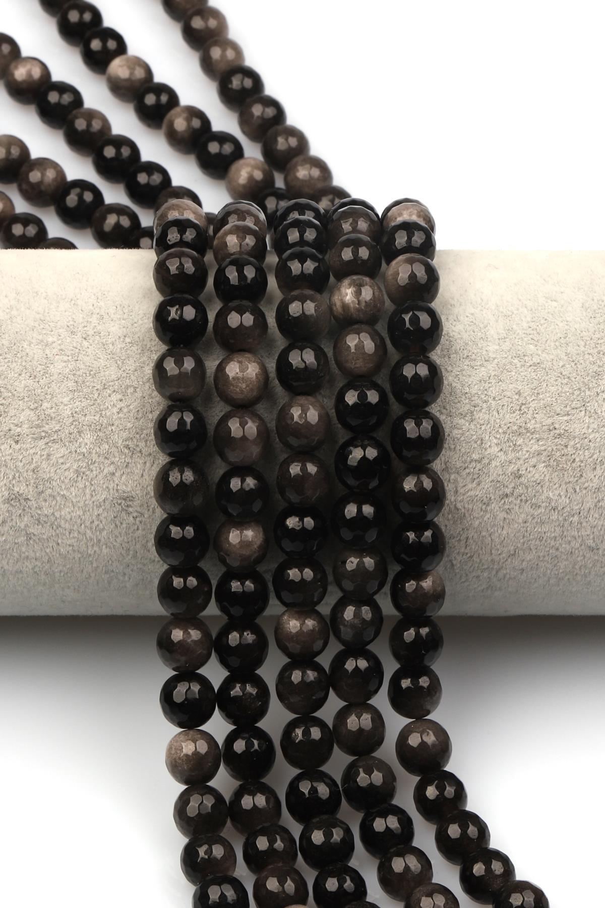 Silver Obsidyen Doğaltaş Dizi 8 mm Fasetli Küre Kesim