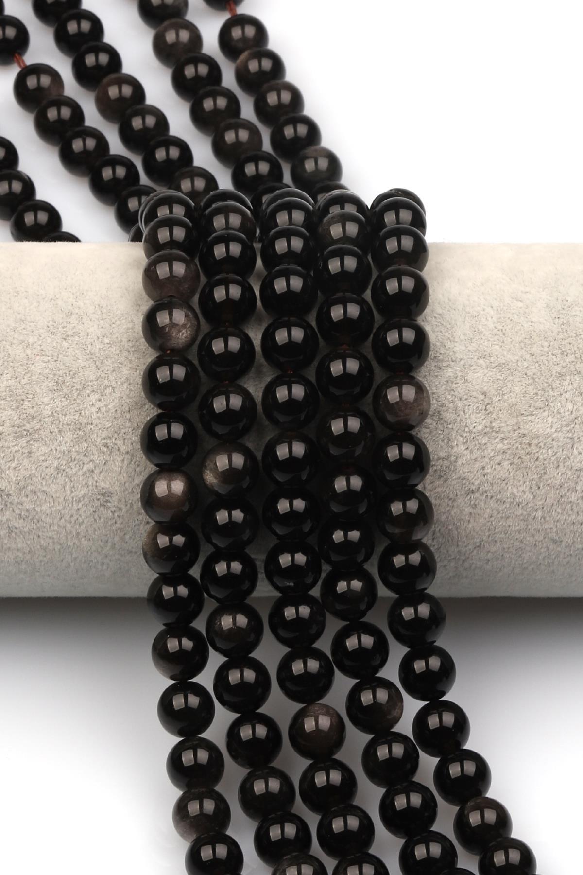 Silver Obsidyen Doğaltaş Dizi 8 mm Küre Kesim