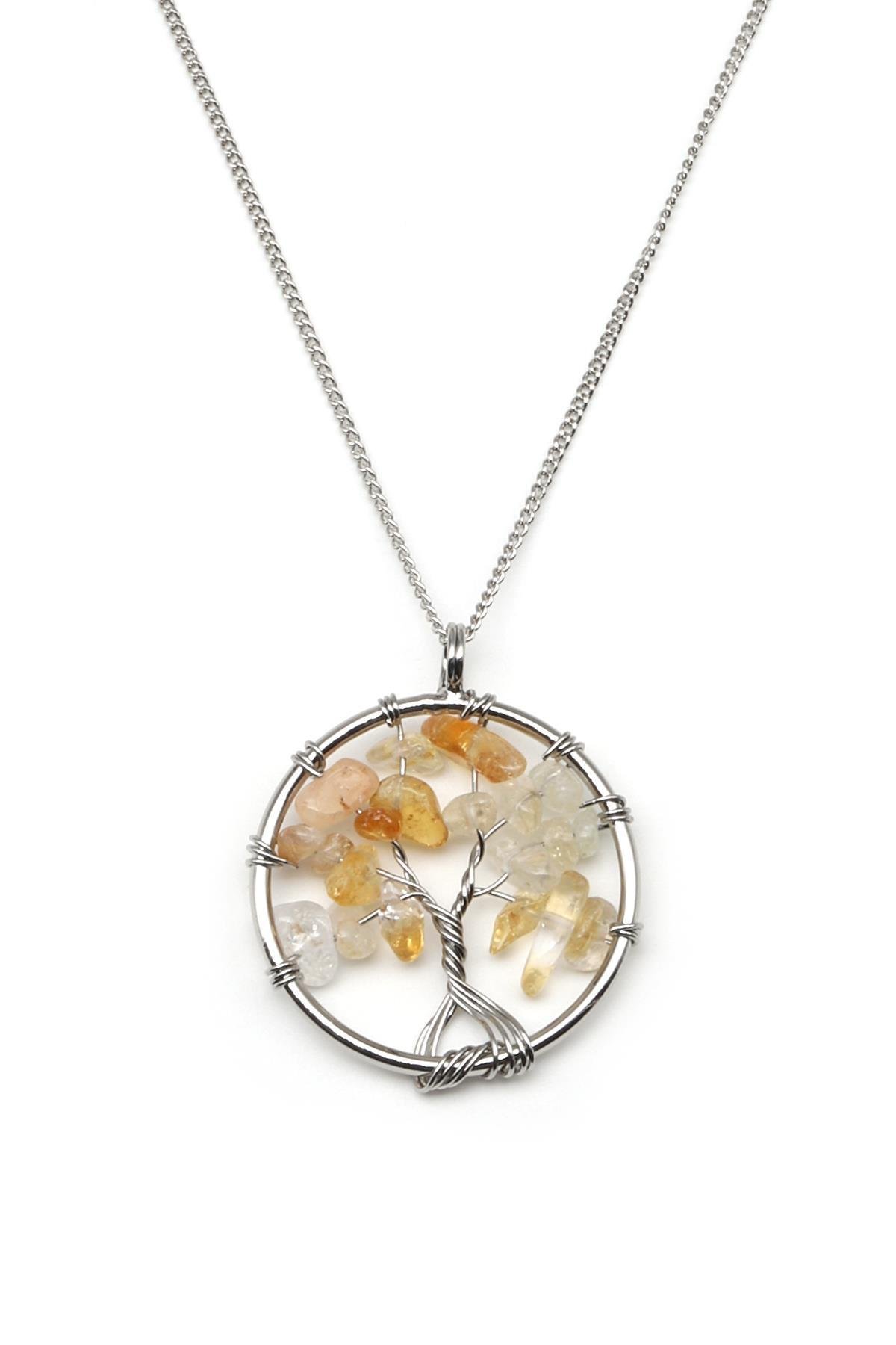 Sitrin Doğal Taş Tel Sarmalı Hayat Ağacı Kolye