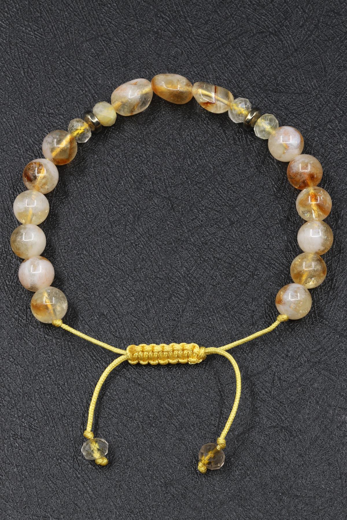 Sitrin - Golden Rutil Kuvars Doğal Taş Makrome Örme Bileklik