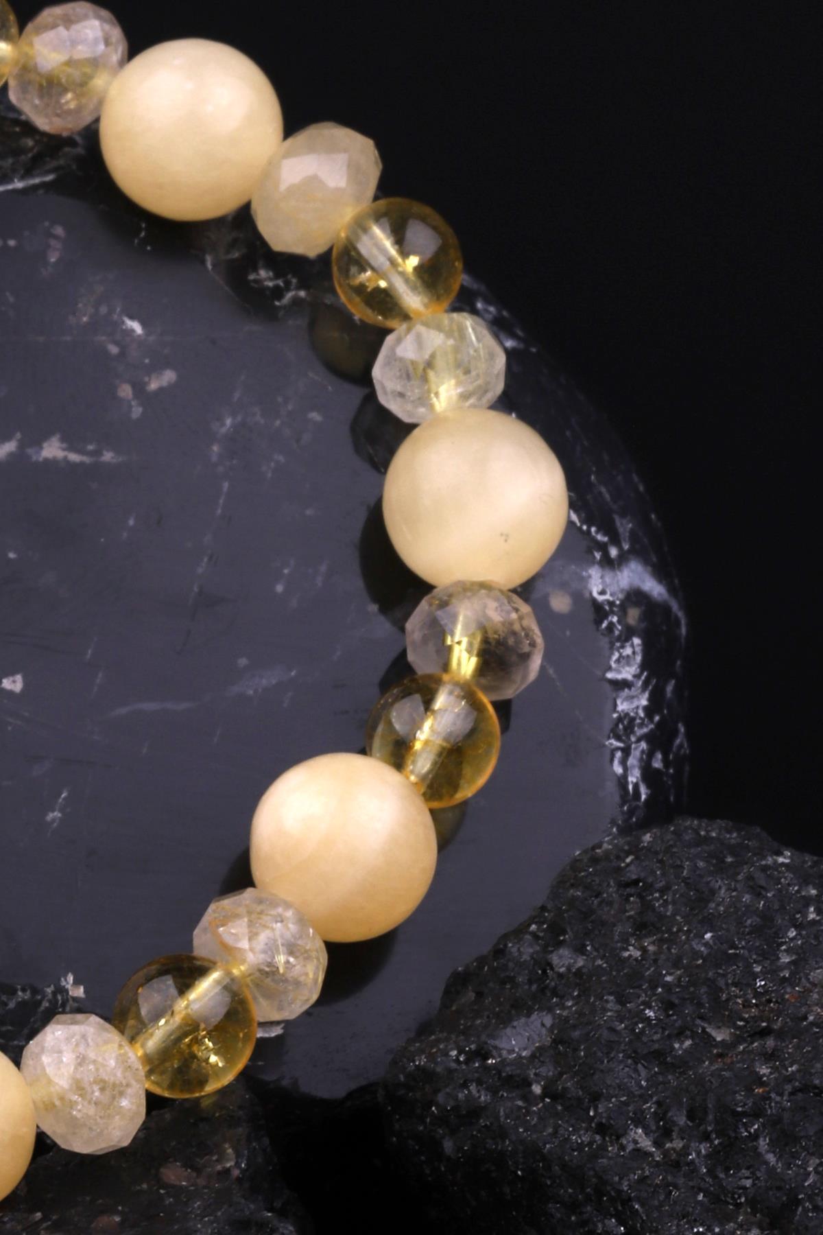 Sitrin - Golden Rutil Kuvars - Kalsit Doğal Taş Tasarım Bileklik 