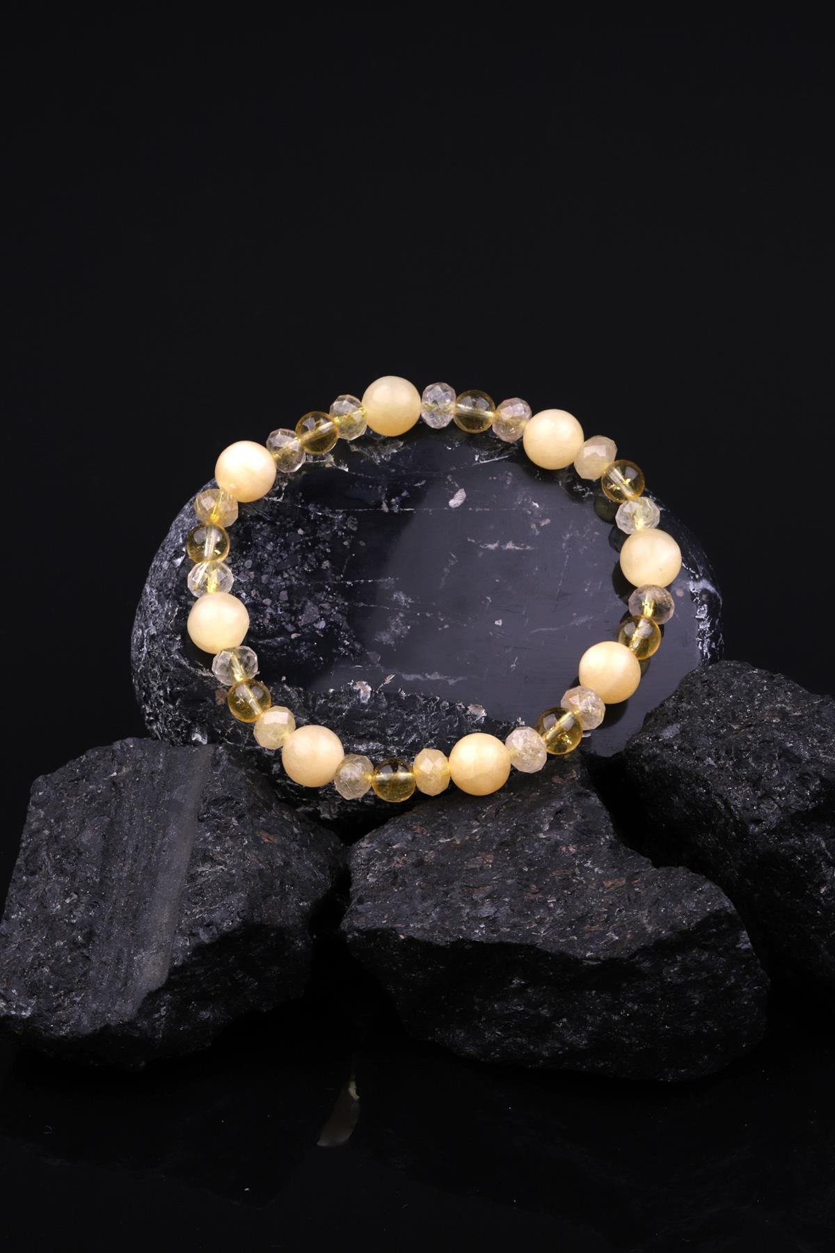 Sitrin - Golden Rutil Kuvars - Kalsit Doğal Taş Tasarım Bileklik 