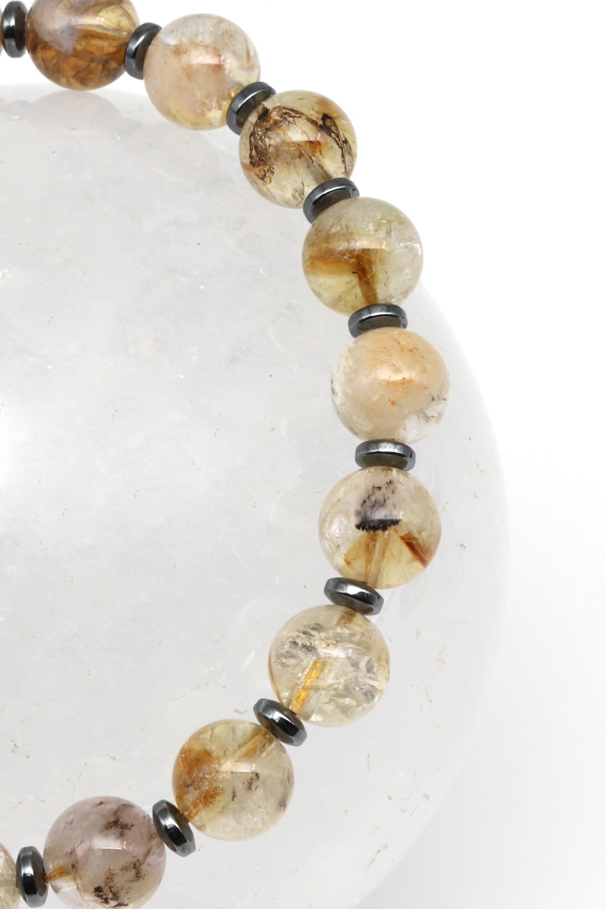 Sitrin - Hematit Doğal Taş Makrome Örme Bileklik Küre Kesim