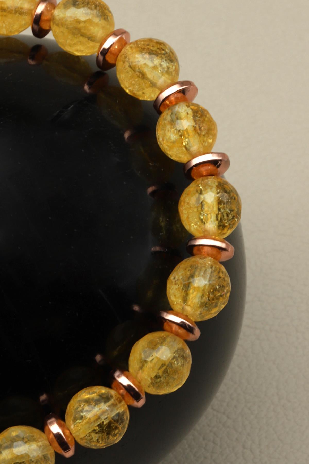 Sitrin - Hematit Doğal Taş Makrome Örme Bileklik Fasetli Kesim