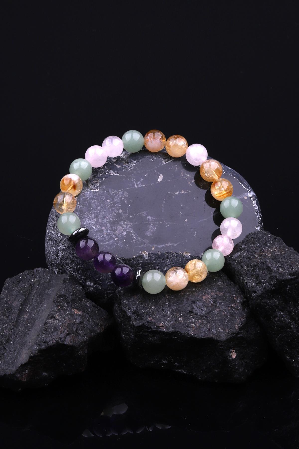 Sitrin - Pembe Kuvars - Aventurin - Hematit Doğal Taş Tasarım Bileklik 