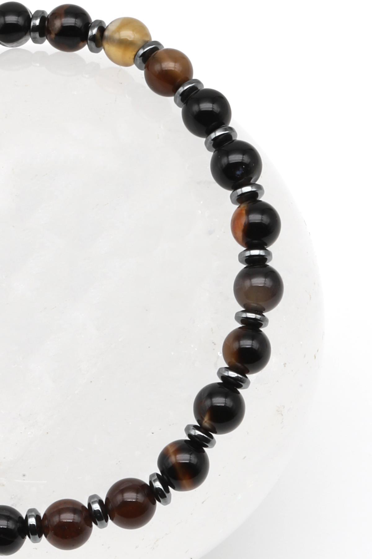 Siyah Akik Doğal Taş Makrome Örme Bileklik Küre Kesim