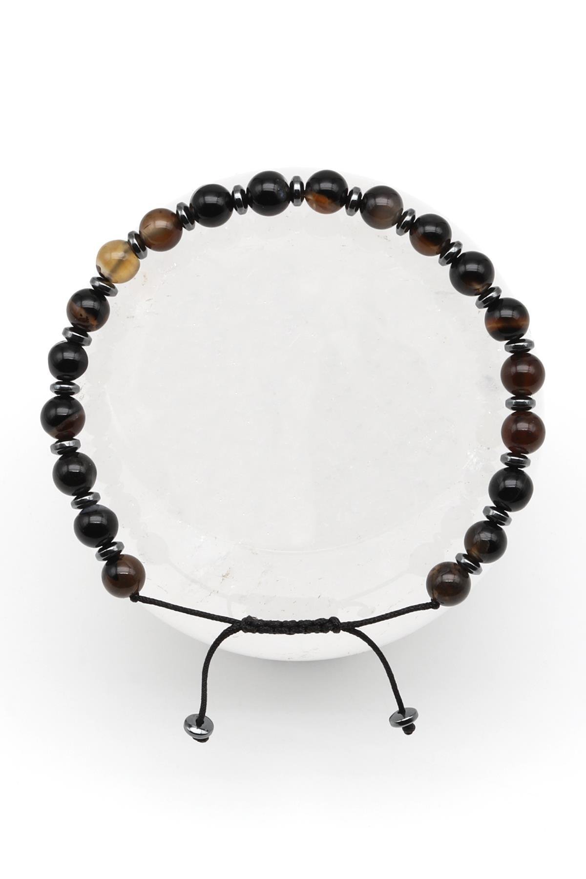 Siyah Akik Doğal Taş Makrome Örme Bileklik Küre Kesim