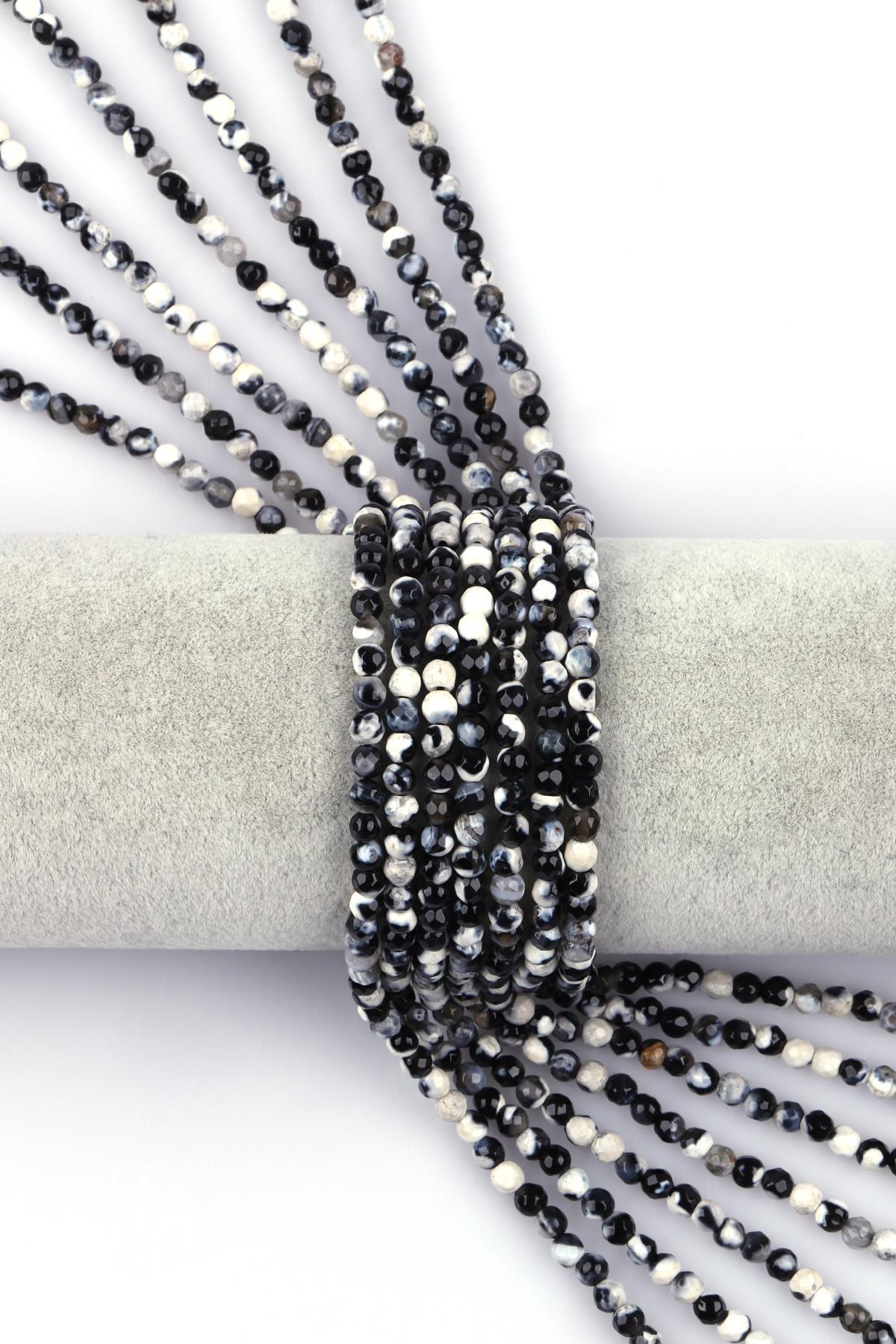 Siyah - Beyaz Akik Doğal Taş Dizi 4 mm Fasetli Küre Kesim