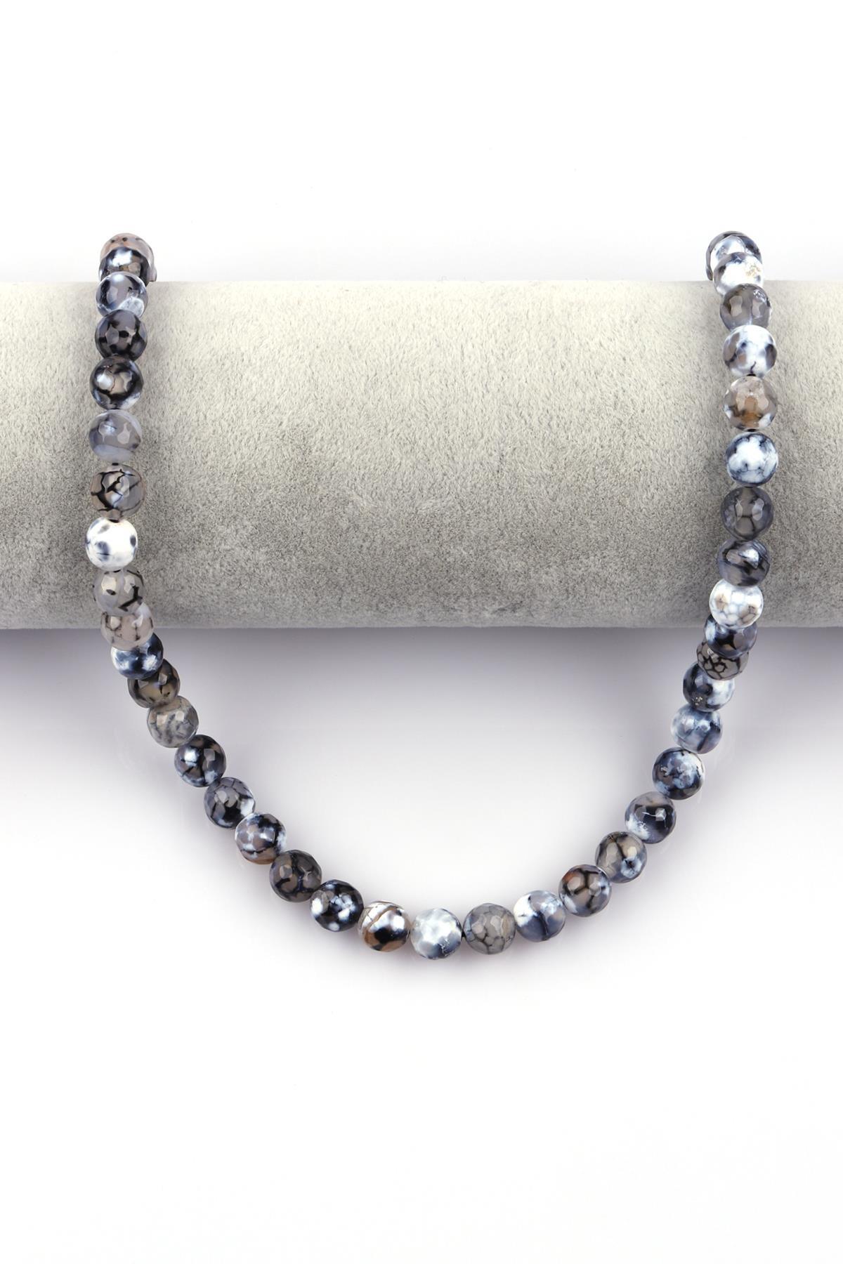 Siyah - Beyaz Akik Doğal Taş Dizi 8 mm Fasetli Küre Kesim