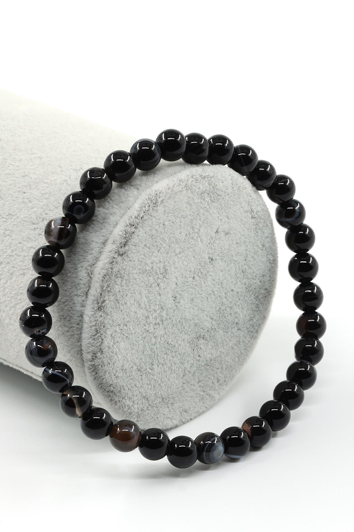 Siyah Göz Akik Doğal Taş Bileklik 6 mm Küre Kesim