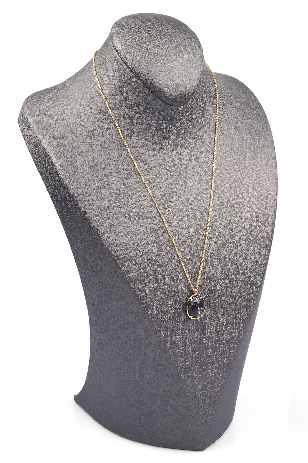 Siyah Jasper Doğal Taş Gold Renkli Kolye