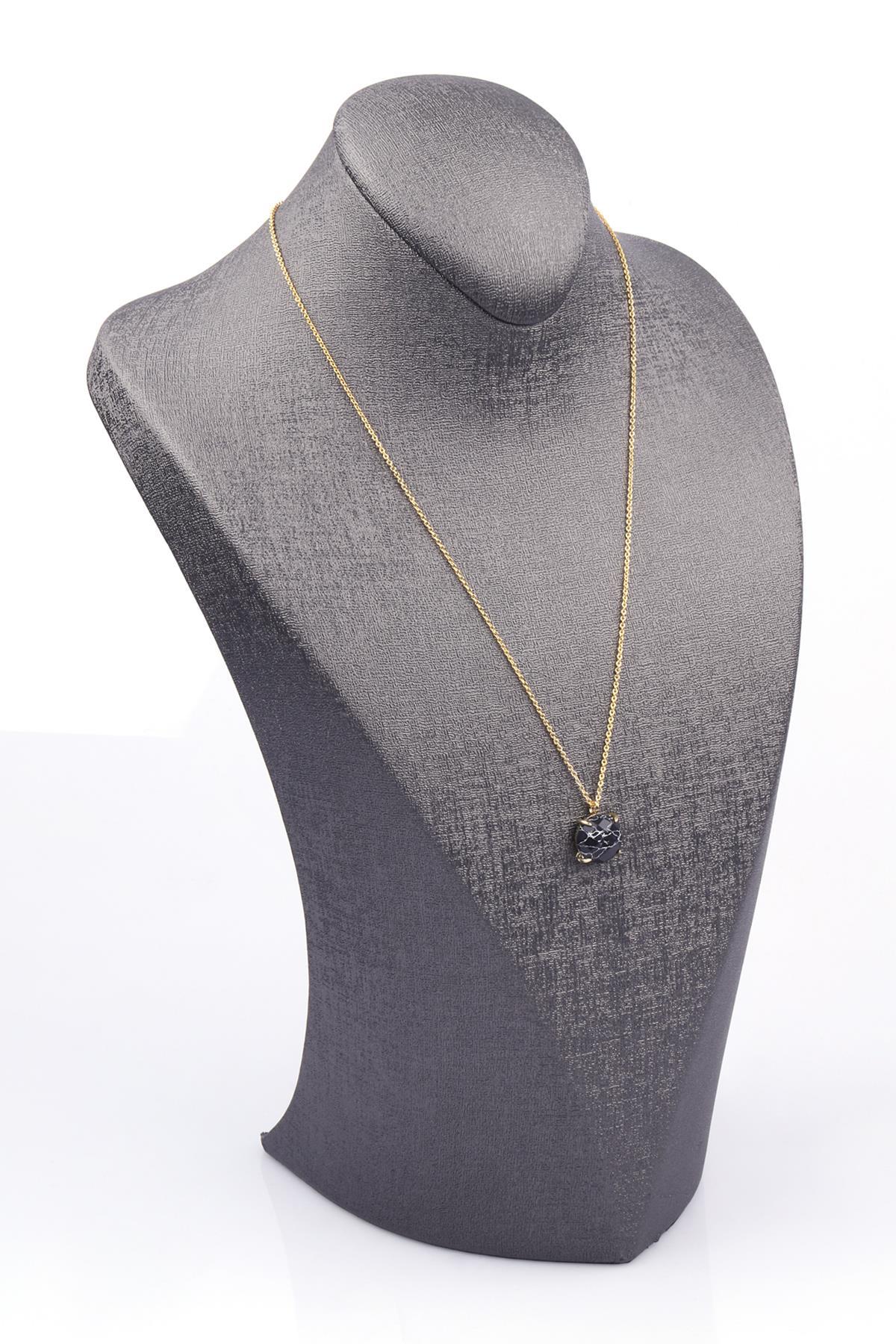 Siyah Jasper Doğal Taş Gold Renkli Kolye