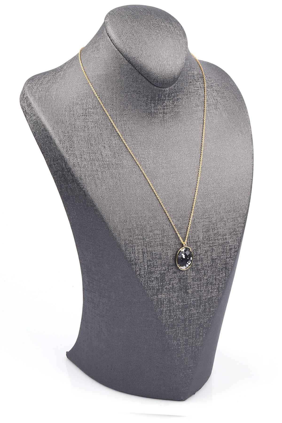 Siyah Jasper Doğal Taş Gold Renkli Kolye