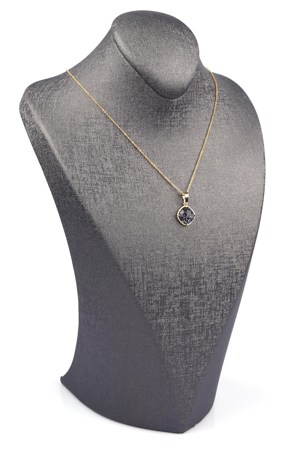 Siyah Jasper Doğal Taş Gold Renkli Kolye