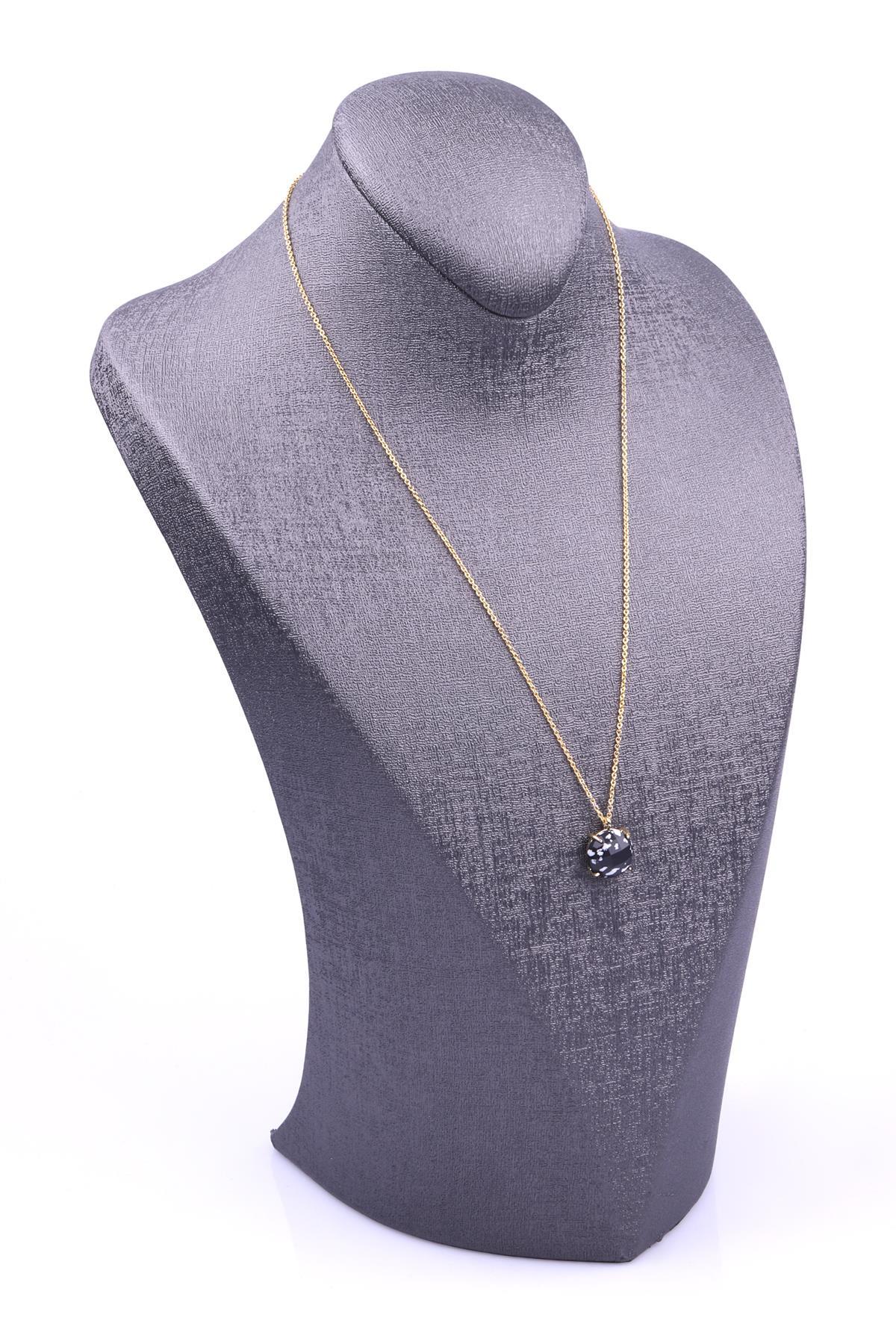 Siyah Jasper Doğal Taş Gold Renkli Kolye