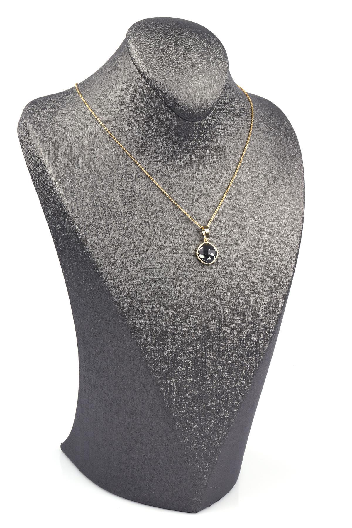 Siyah Jasper Doğal Taş Gold Renkli Kolye