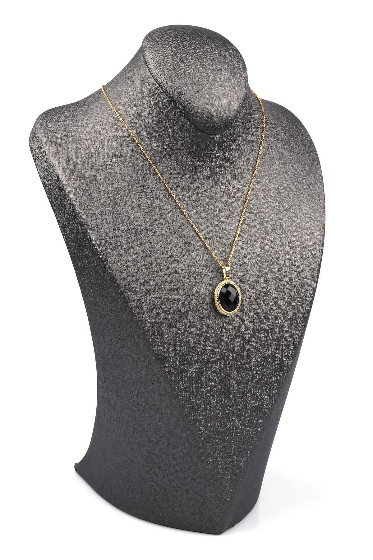 Siyah Jasper Doğal Taş Gold Renkli Kolye