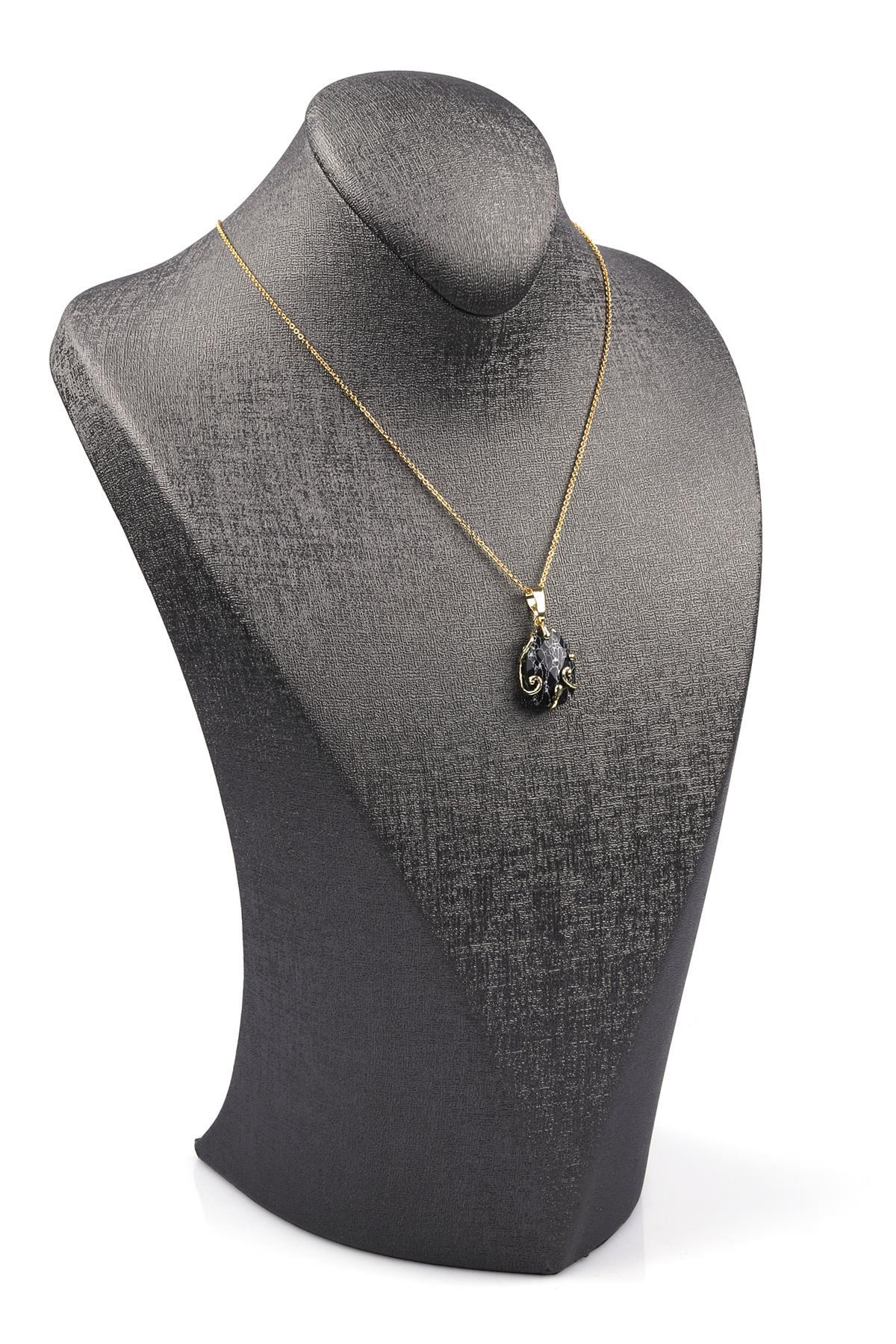 Siyah Jasper Doğal Taş Gold Renkli Kolye