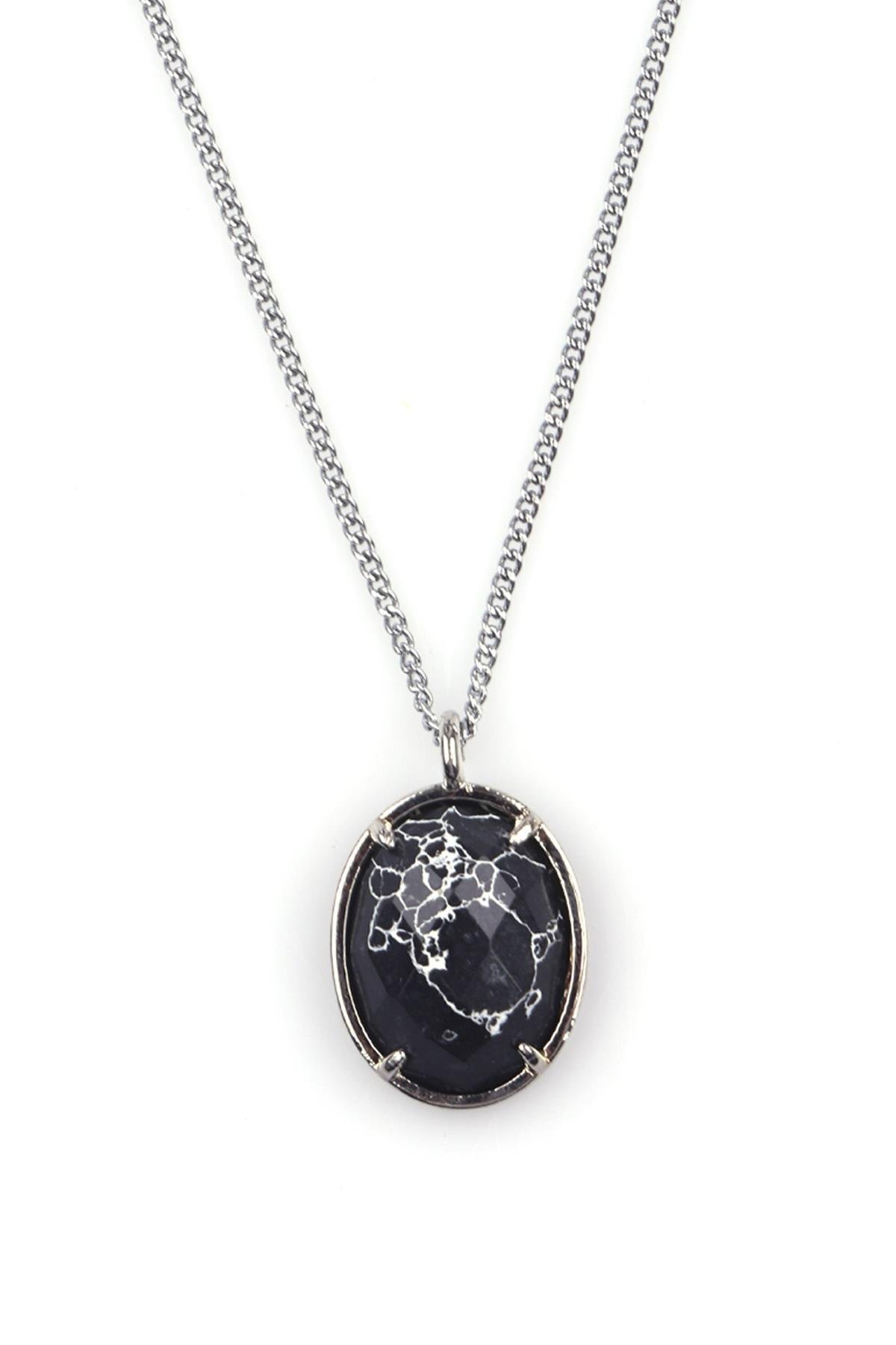 Siyah Jasper Doğal Taş Gümüş Renkli Kolye