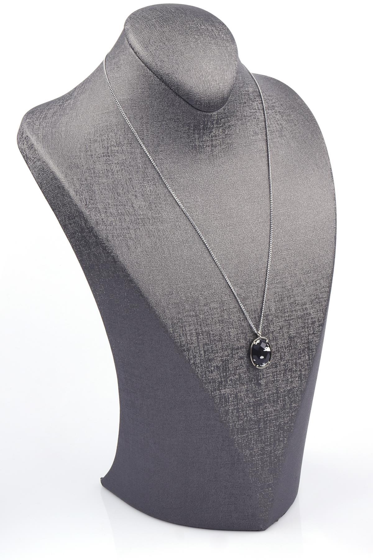 Siyah Jasper Doğal Taş Gümüş Renkli Kolye