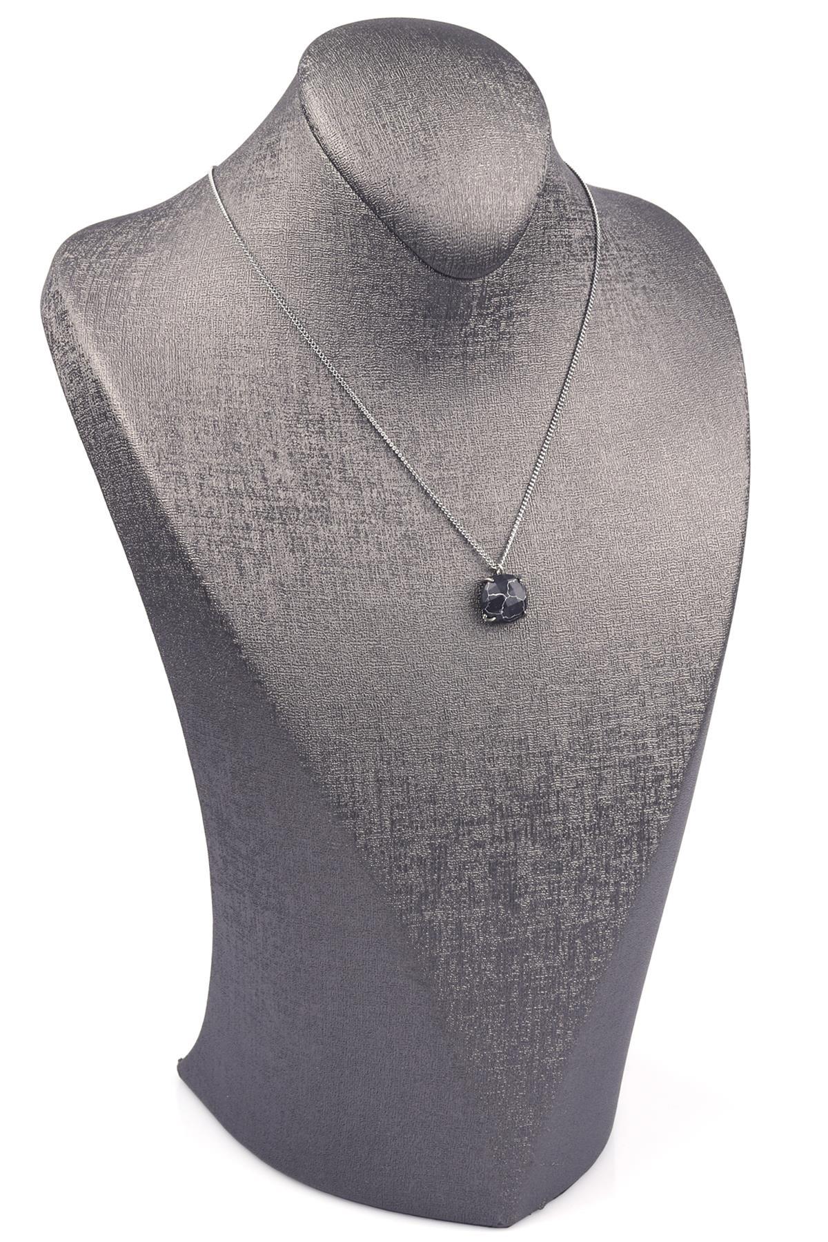 Siyah Jasper Doğal Taş Gümüş Renkli Kolye