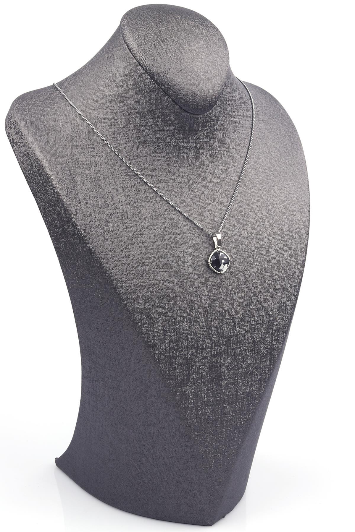 Siyah Jasper Doğal Taş Gümüş Renkli Kolye