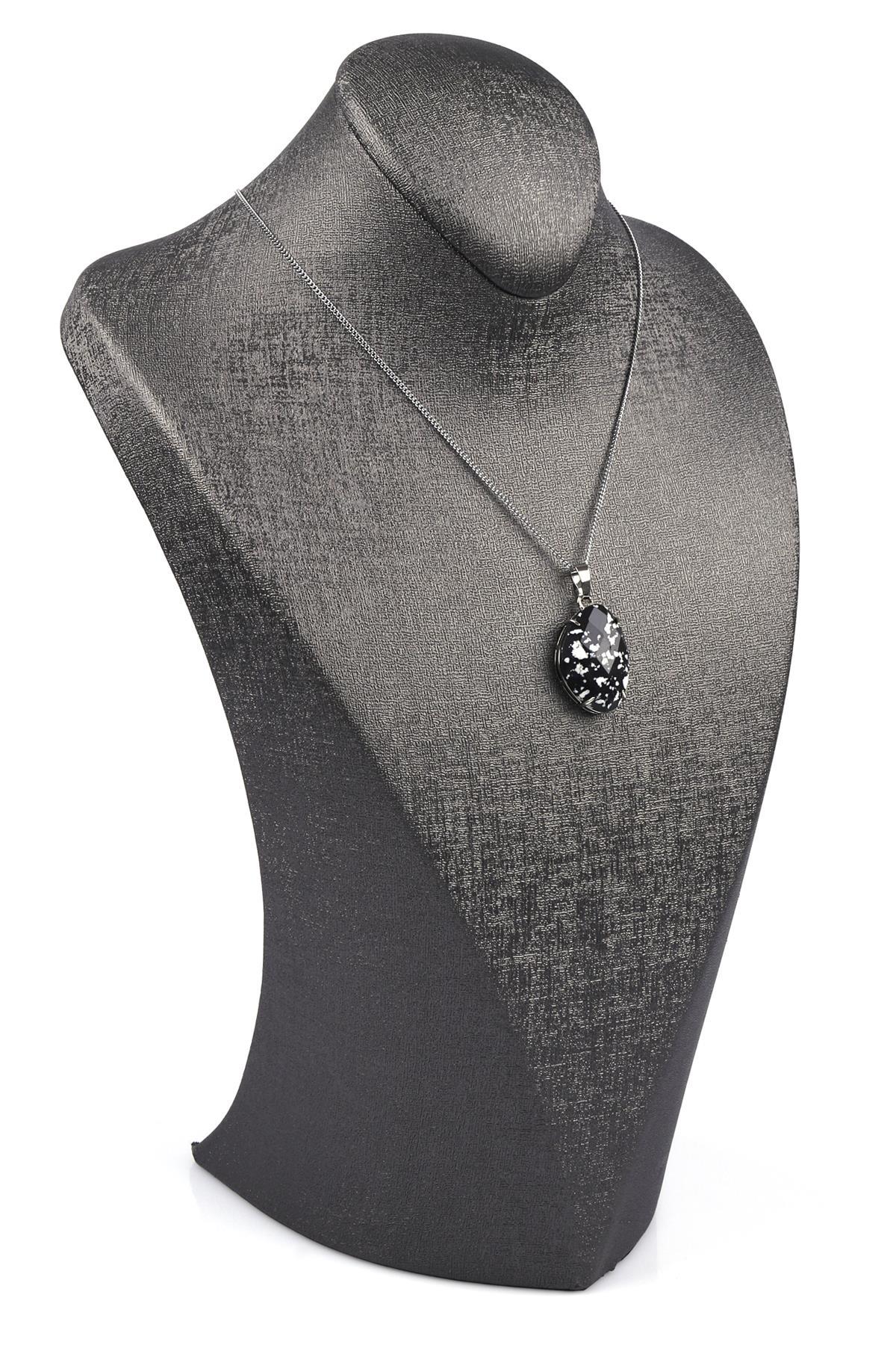 Siyah Jasper Doğal Taş Gümüş Renkli Kolye