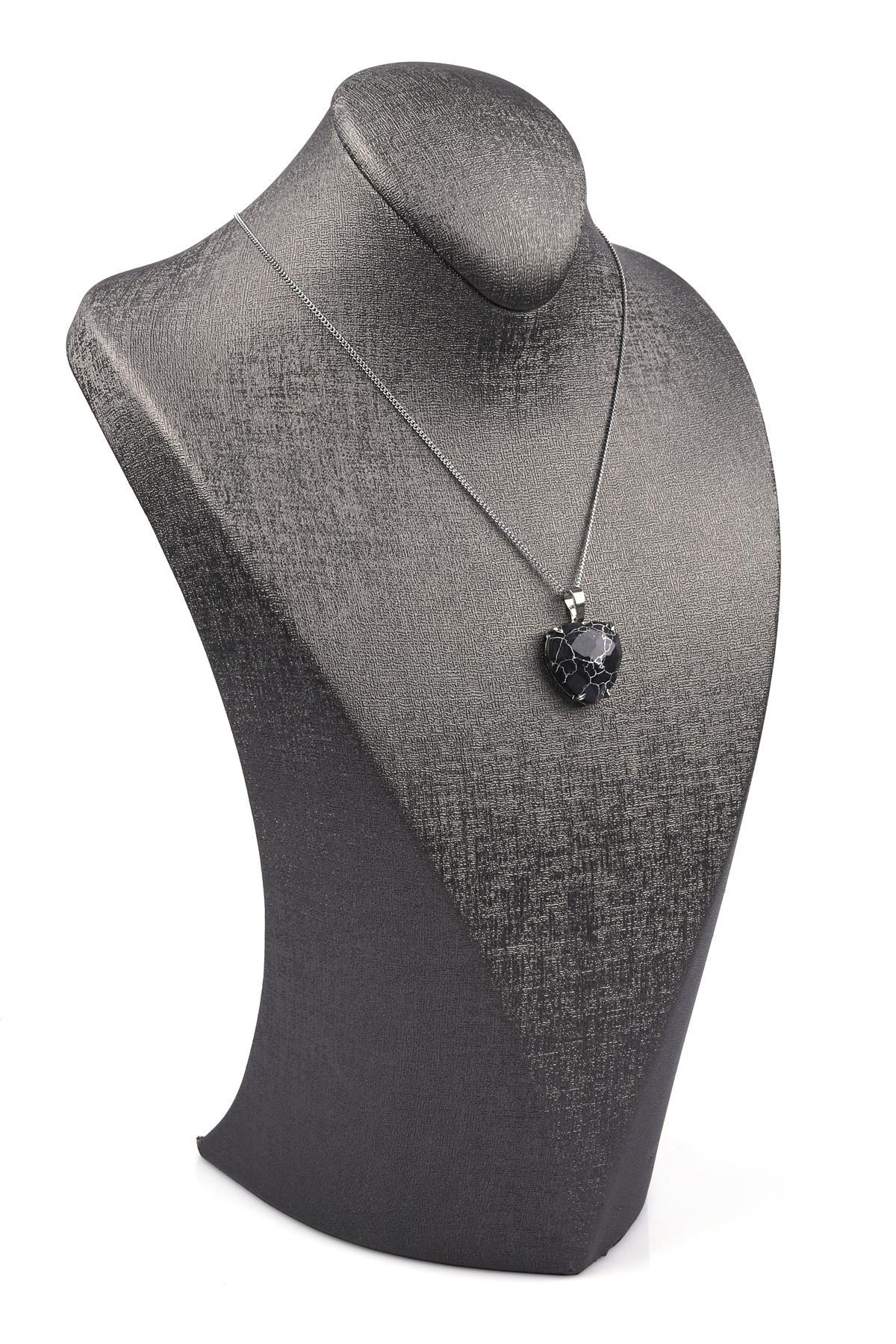 Siyah Jasper Doğal Taş Gümüş Renkli Kolye