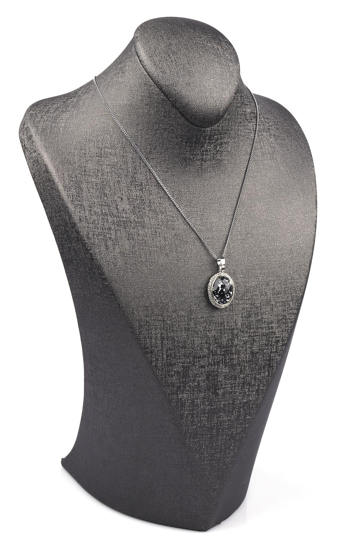 Siyah Jasper Doğal Taş Gümüş Renkli Kolye