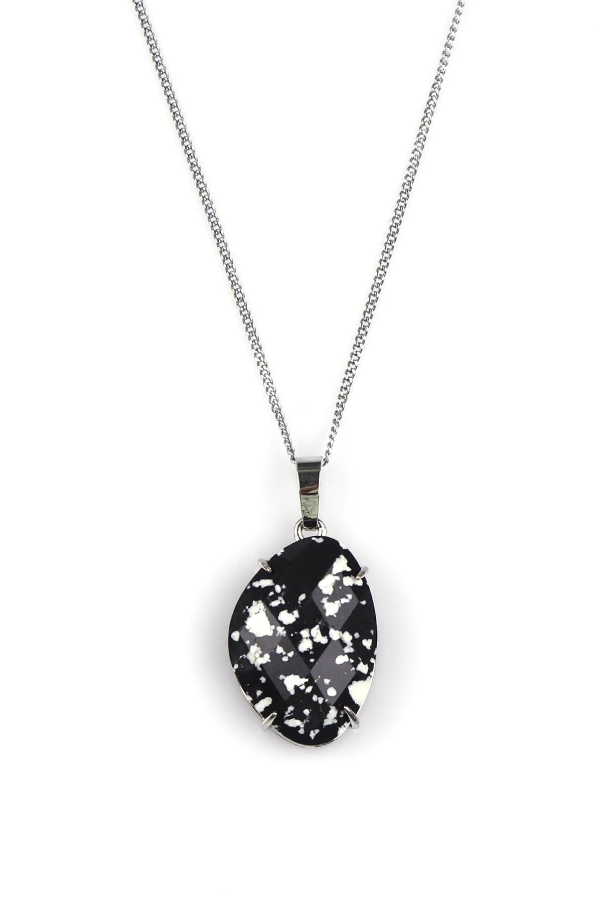 Siyah Jasper Doğal Taş Gümüş Renkli Kolye