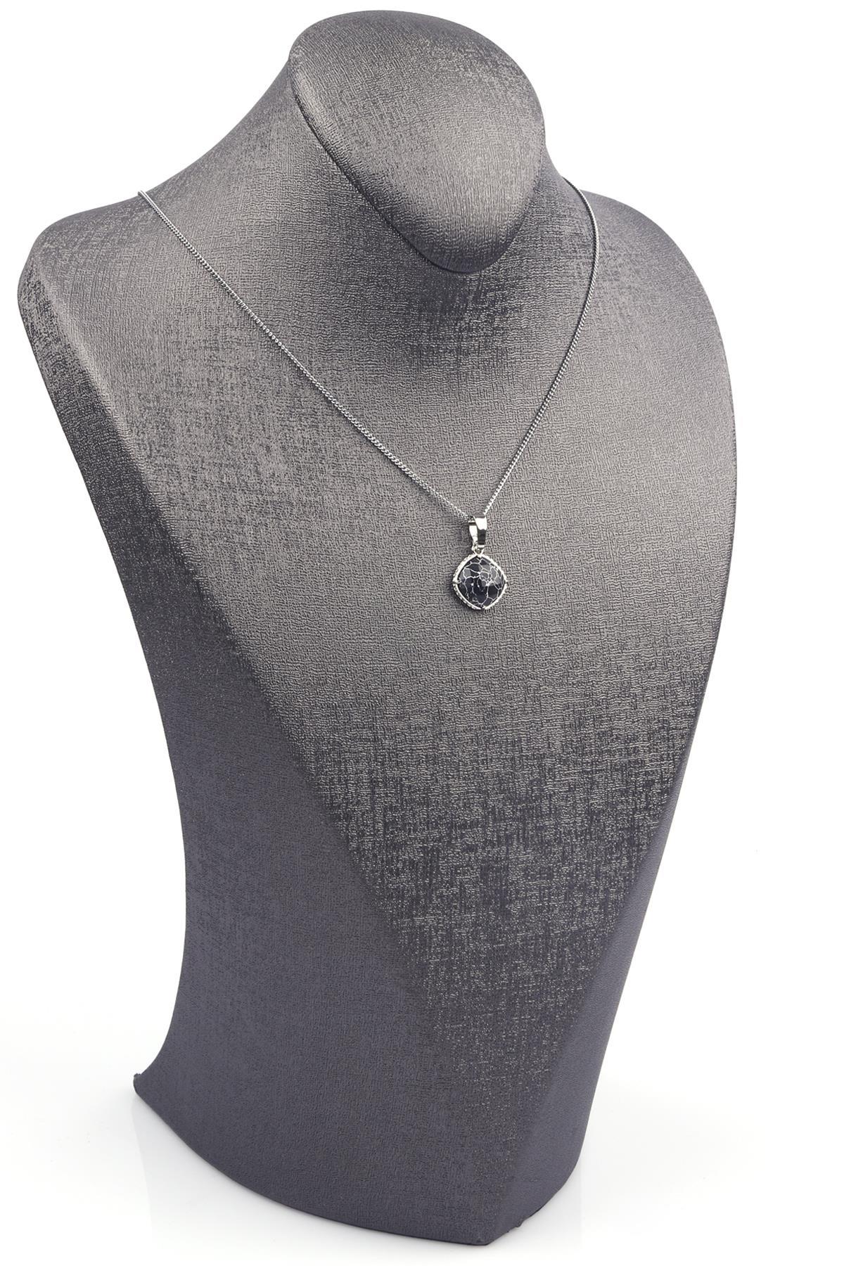 Siyah Jasper Doğal Taş Gümüş Renkli Kolye