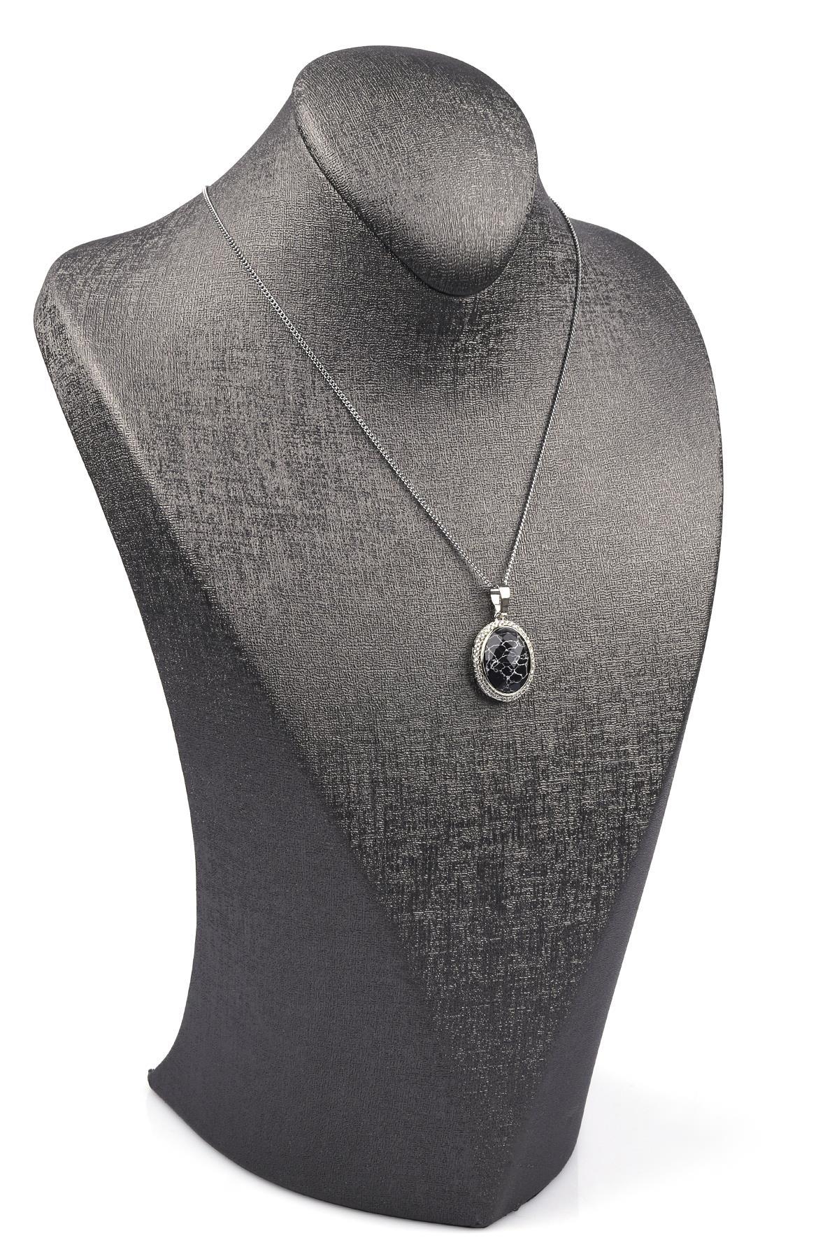 Siyah Jasper Doğal Taş Gümüş Renkli Kolye