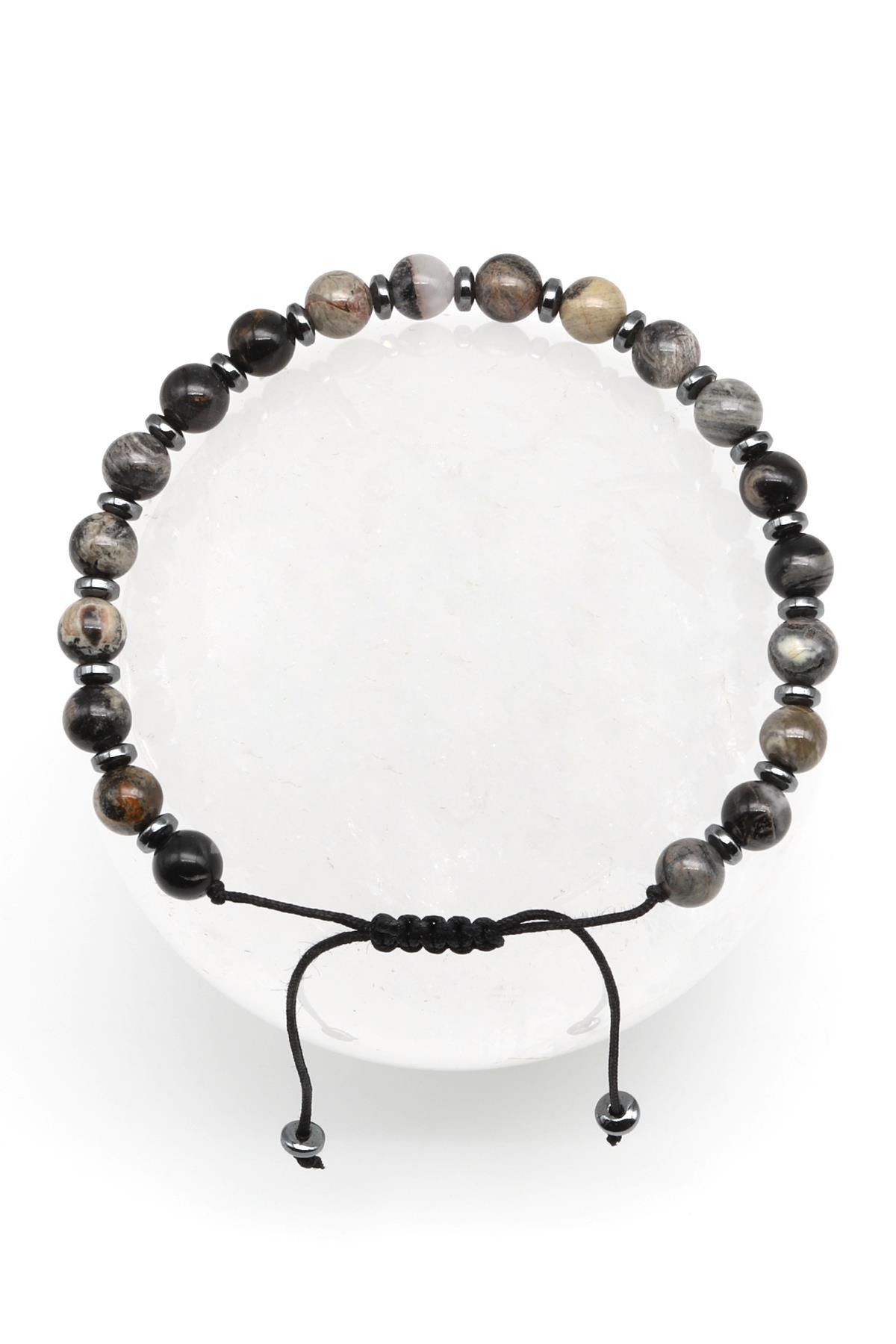 Siyah Jasper Doğal Taş Makrome Örme Bileklik Küre Kesim