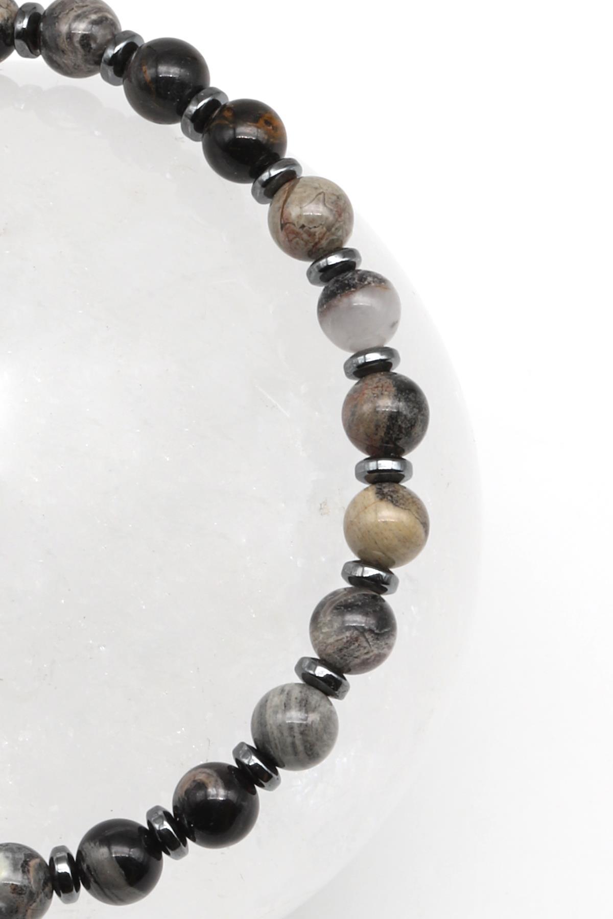 Siyah Jasper Doğal Taş Makrome Örme Bileklik Küre Kesim