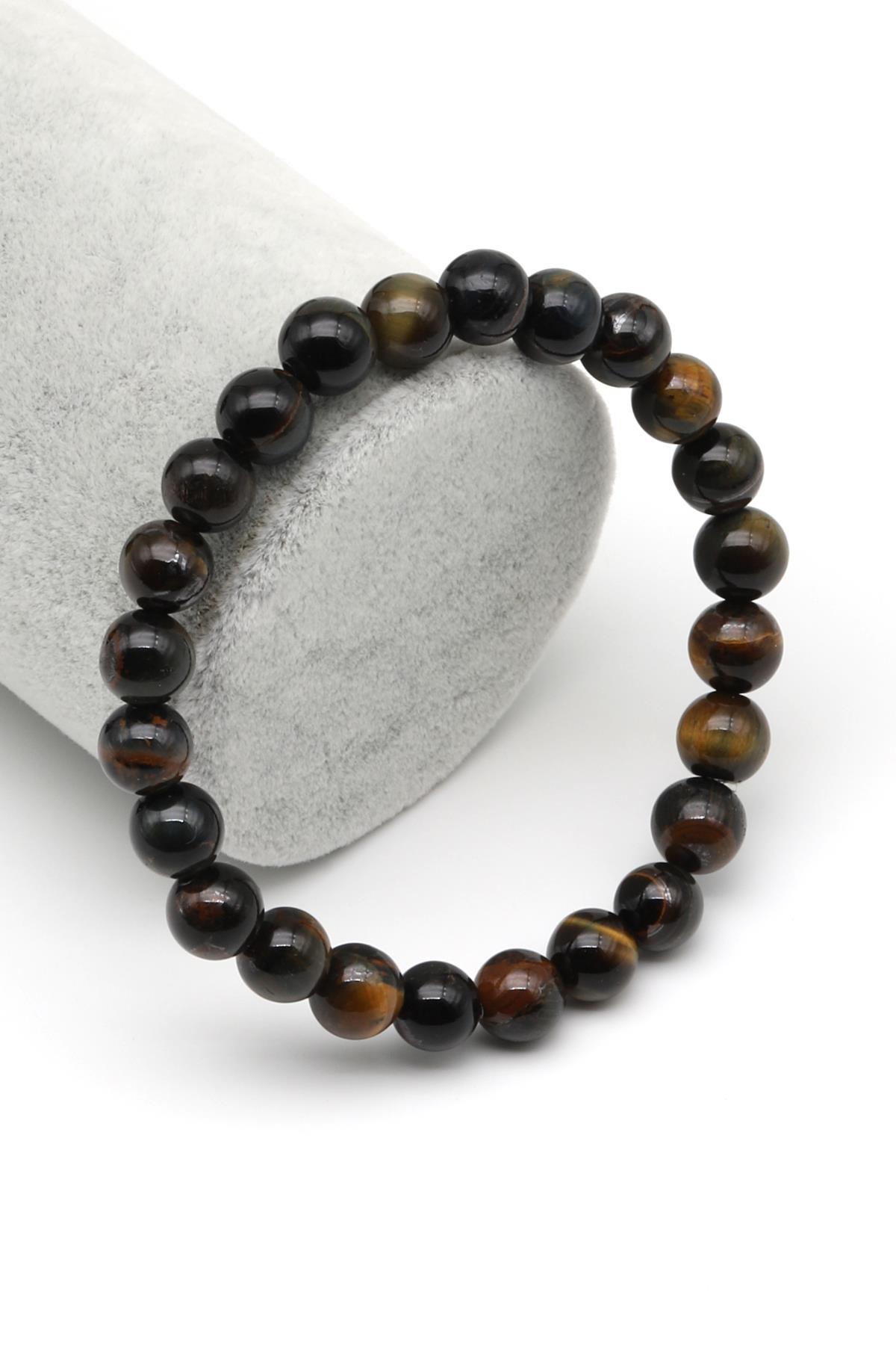 Siyah Kaplan Gözü Doğal Taş Bileklik 8 mm Küre Kesim