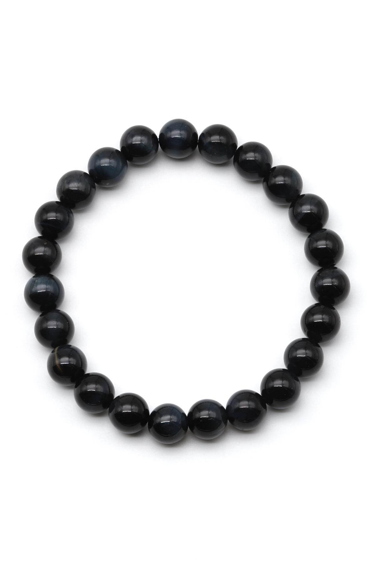 Siyah Kaplan Gözü Doğal Taş Bileklik 8 mm Küre Kesim