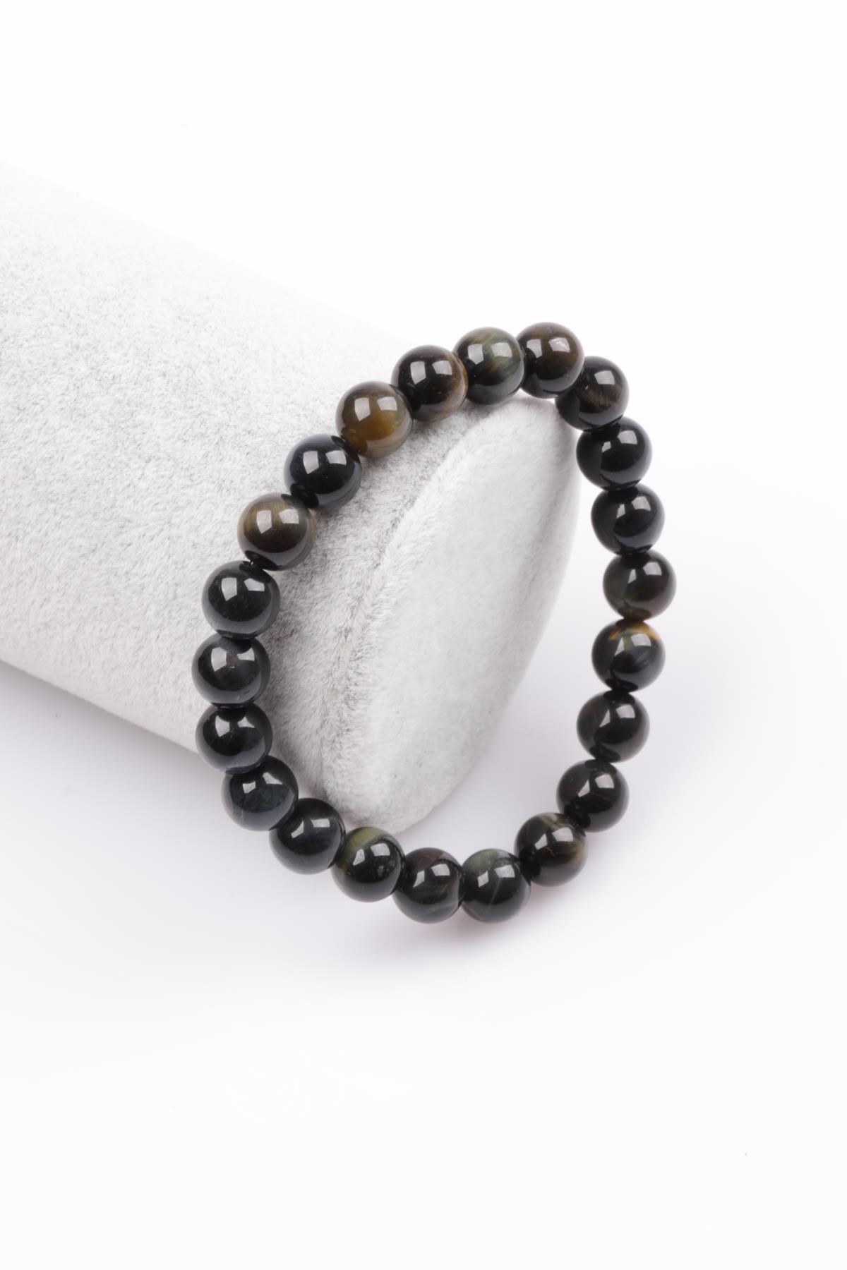 Siyah Kaplan Gözü Doğal Taş Bileklik 8 mm Küre Kesim