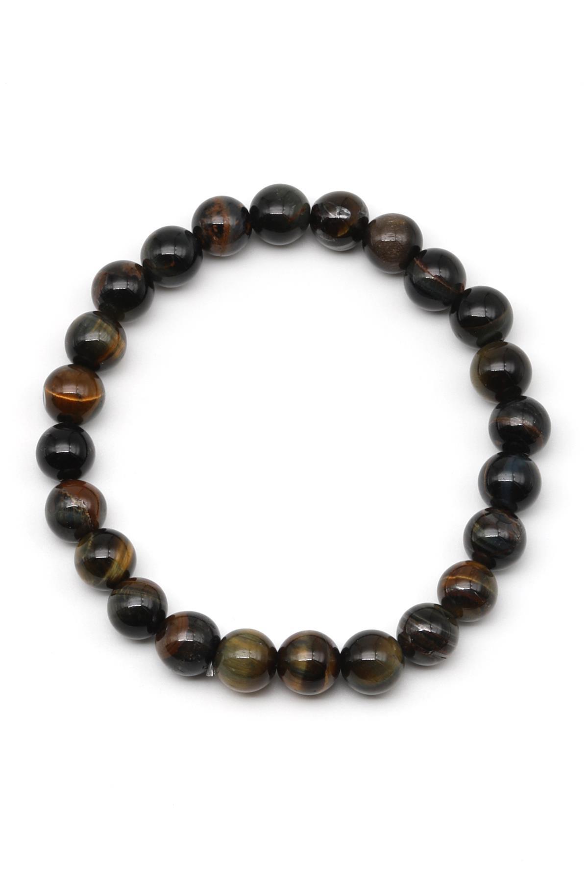 Siyah Kaplan Gözü Doğal Taş Bileklik 8 mm Küre Kesim