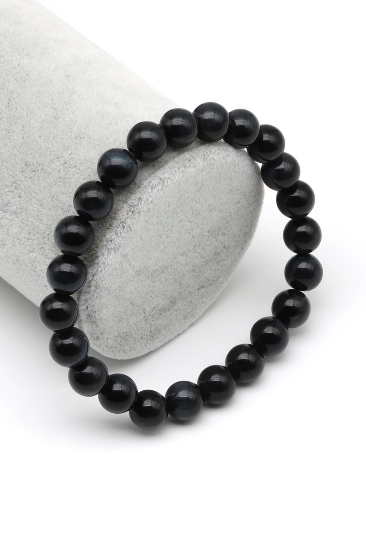 Siyah Kaplan Gözü Doğal Taş Bileklik 8 mm Küre Kesim