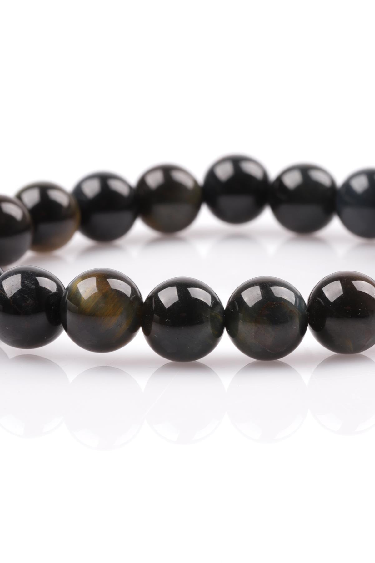 Siyah Kaplan Gözü Doğal Taş Bileklik 8 mm Küre Kesim
