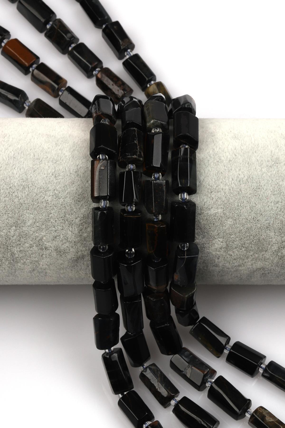 Siyah Kaplan Gözü Doğal Taş Dizi 7 x 12 mm Boru Kesim