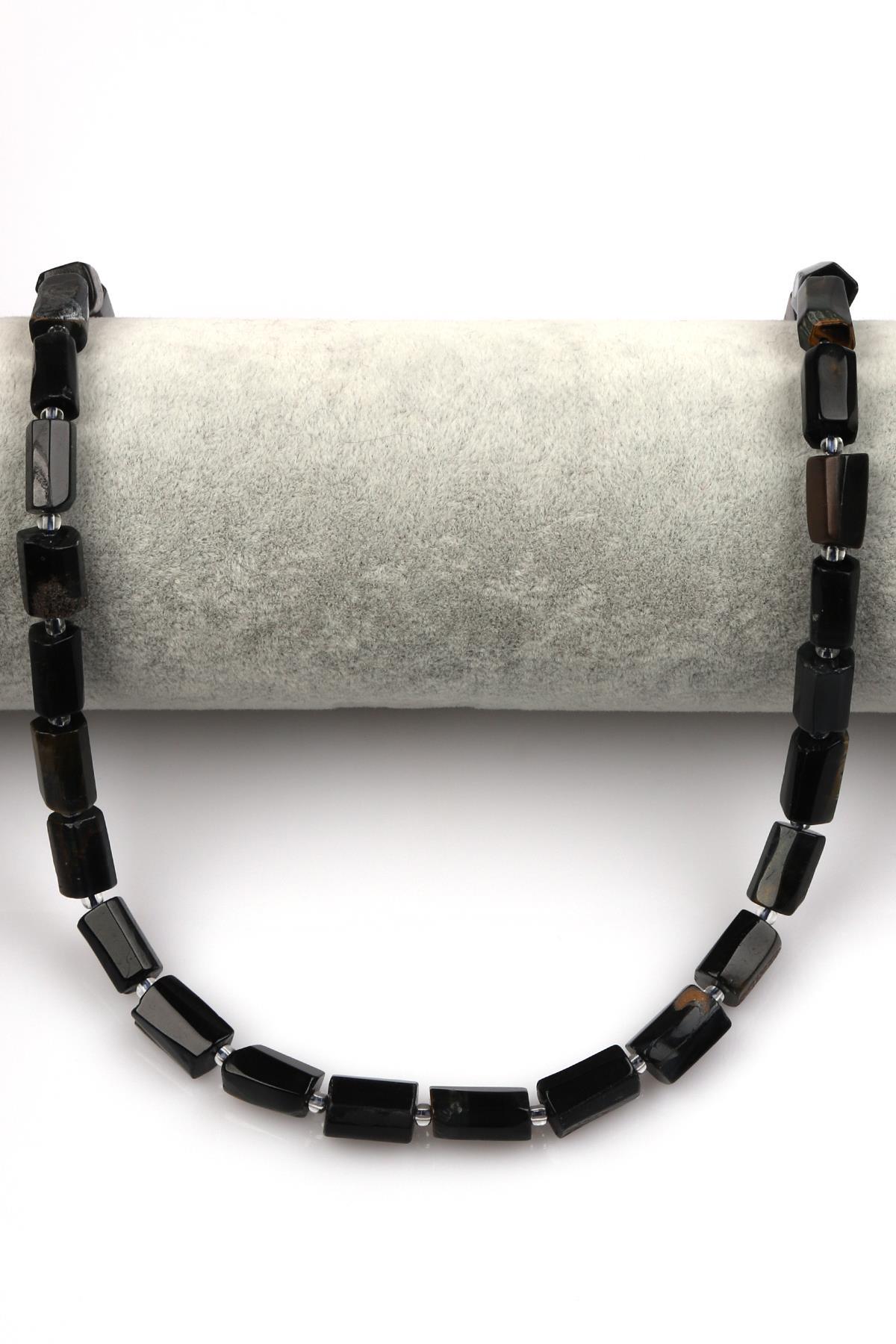 Siyah Kaplan Gözü Doğal Taş Dizi 7 x 12 mm Boru Kesim