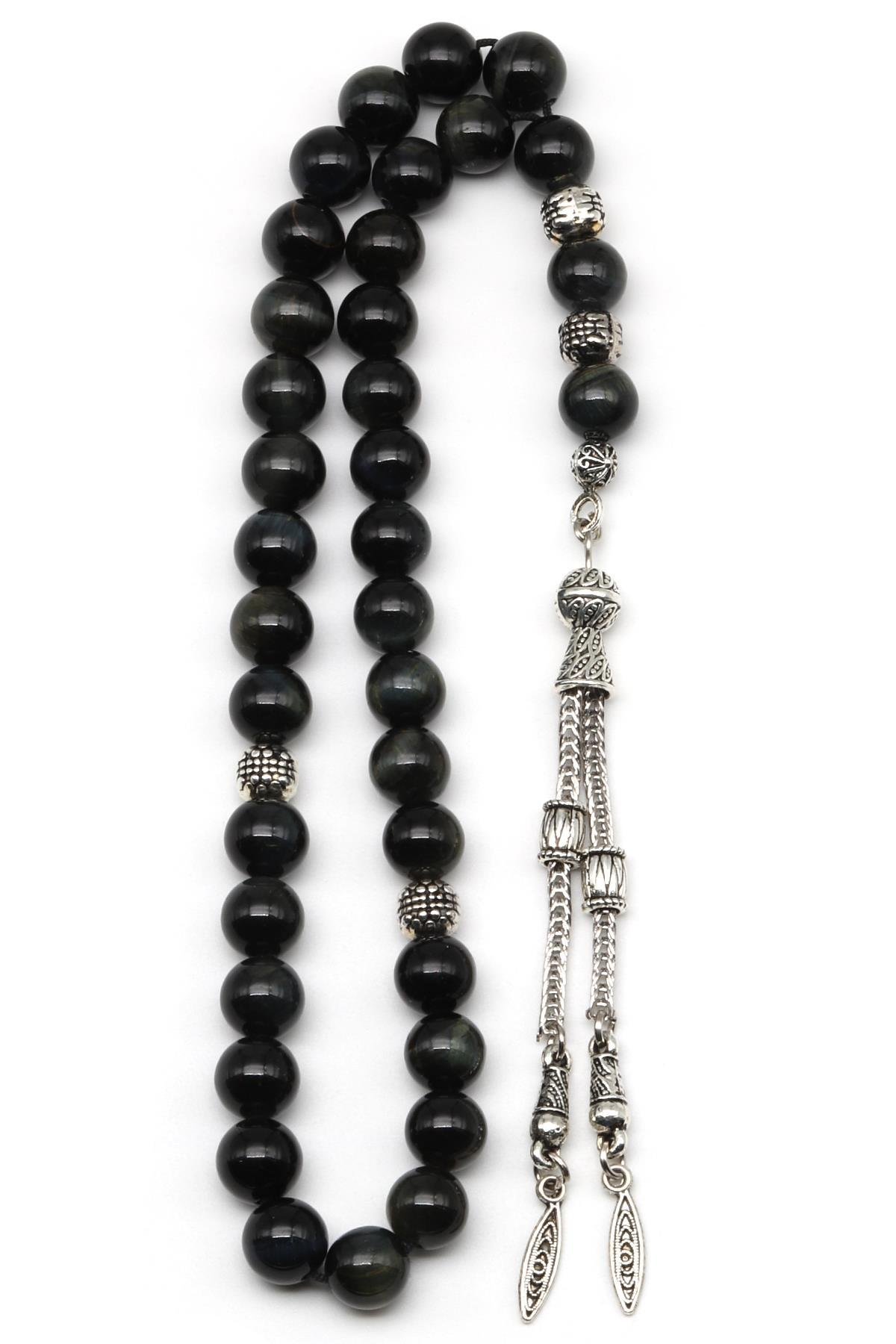 Siyah Kaplan Gözü Doğal Taş Tesbih 8 mm Küre Kesim