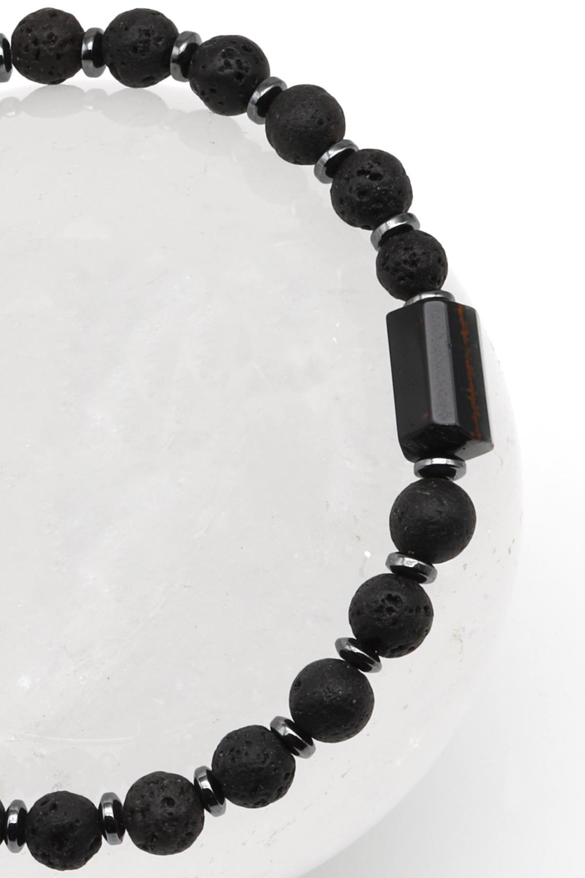 Siyah Kaplan Gözü-Lav Doğal Taş Makrome Örme Bileklik Küre Kesim