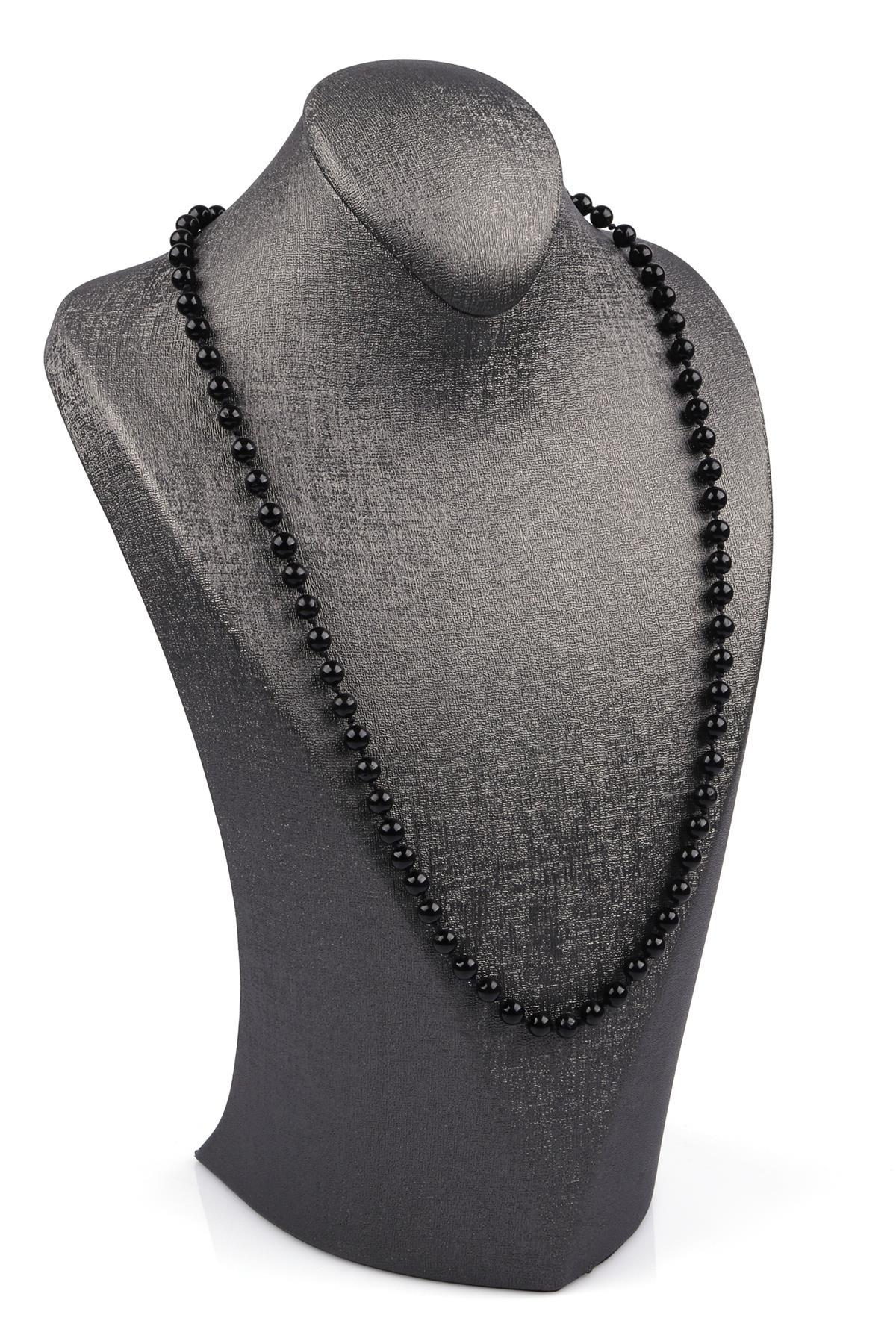 Siyah Turmalin Doğal Taş 6 mm Düğümlü Kolye